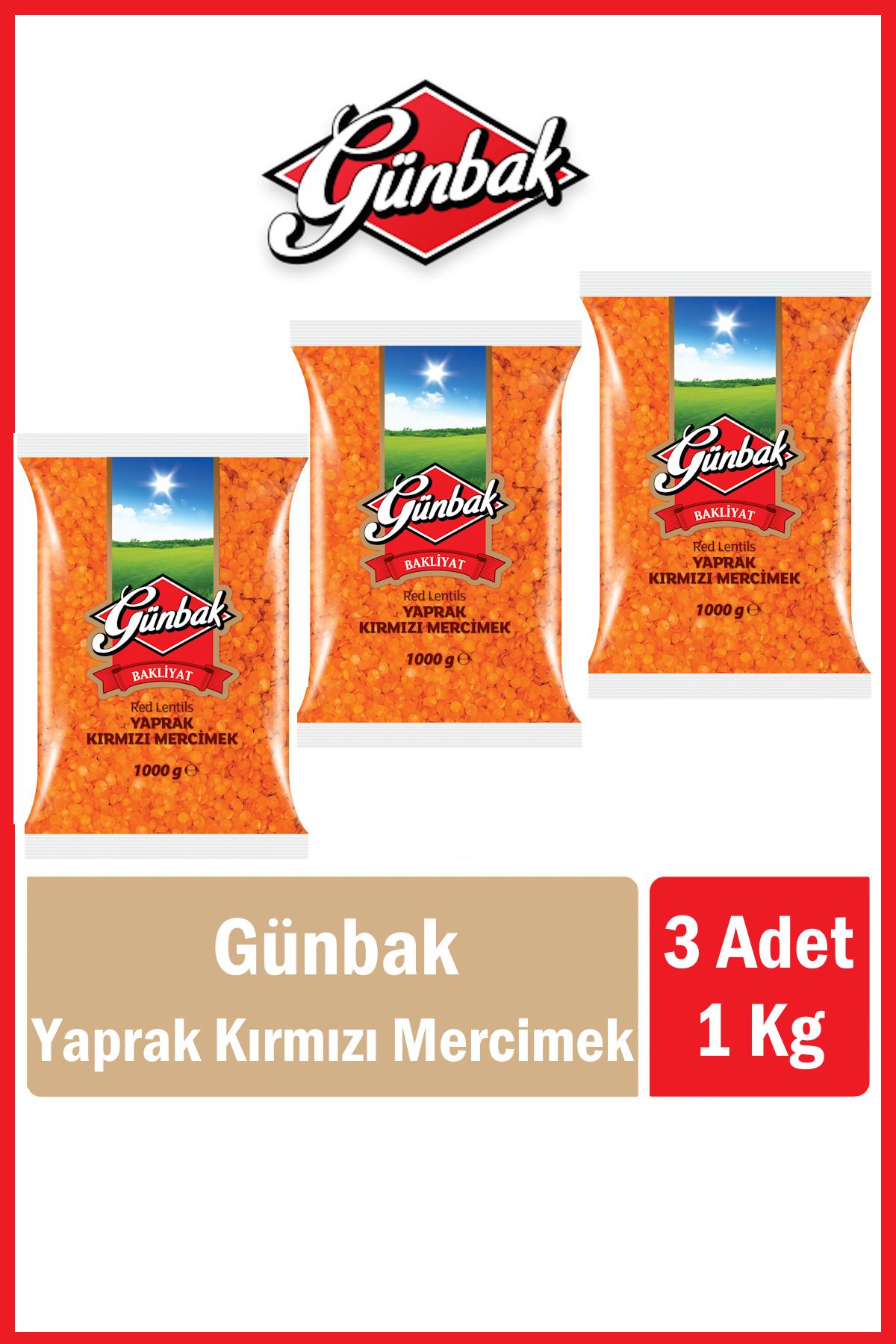 Günbak Yaprak Kırmızı Mercimek 1 Kg x 3 Adet