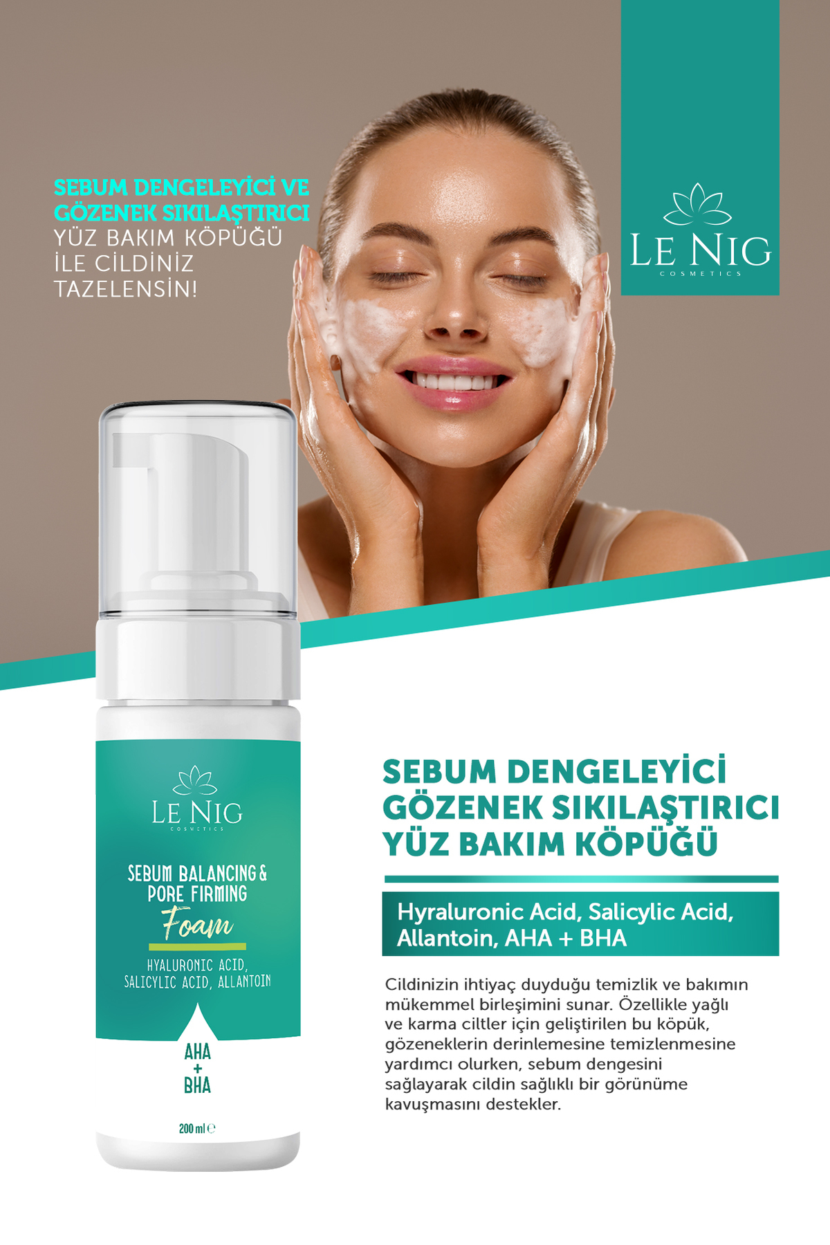 Sebum Dengeleyici & Gözenek Sıkılaştırıcı Yüz Temizleme Köpüğü | AHA + BHA & Salisilik Asit | 200 ml — KÖPÜK1 — تصویر 3 از 5