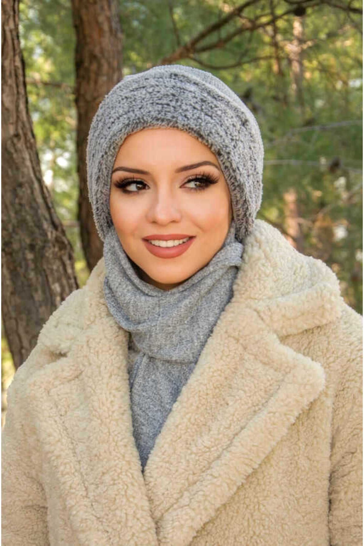 Aişe tesettür-Gray Corded Fur Accessory Hijab Beanie 5