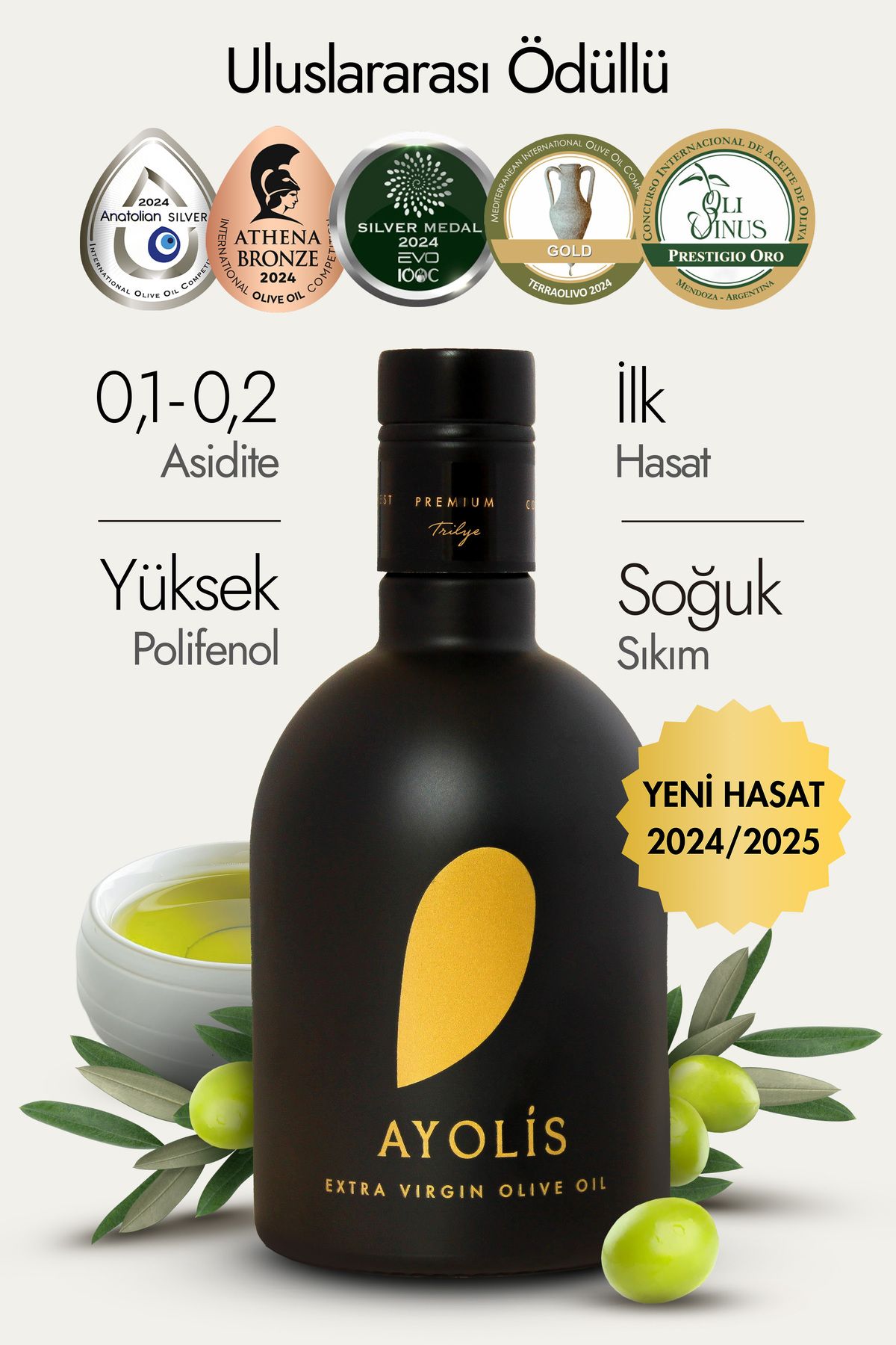 Ayolis Premium Gurme Trilye 500 Ml Yüksek Polifenollü Erken Hasat Soğuk Sıkım Natürel Sızma Zeytinyağı