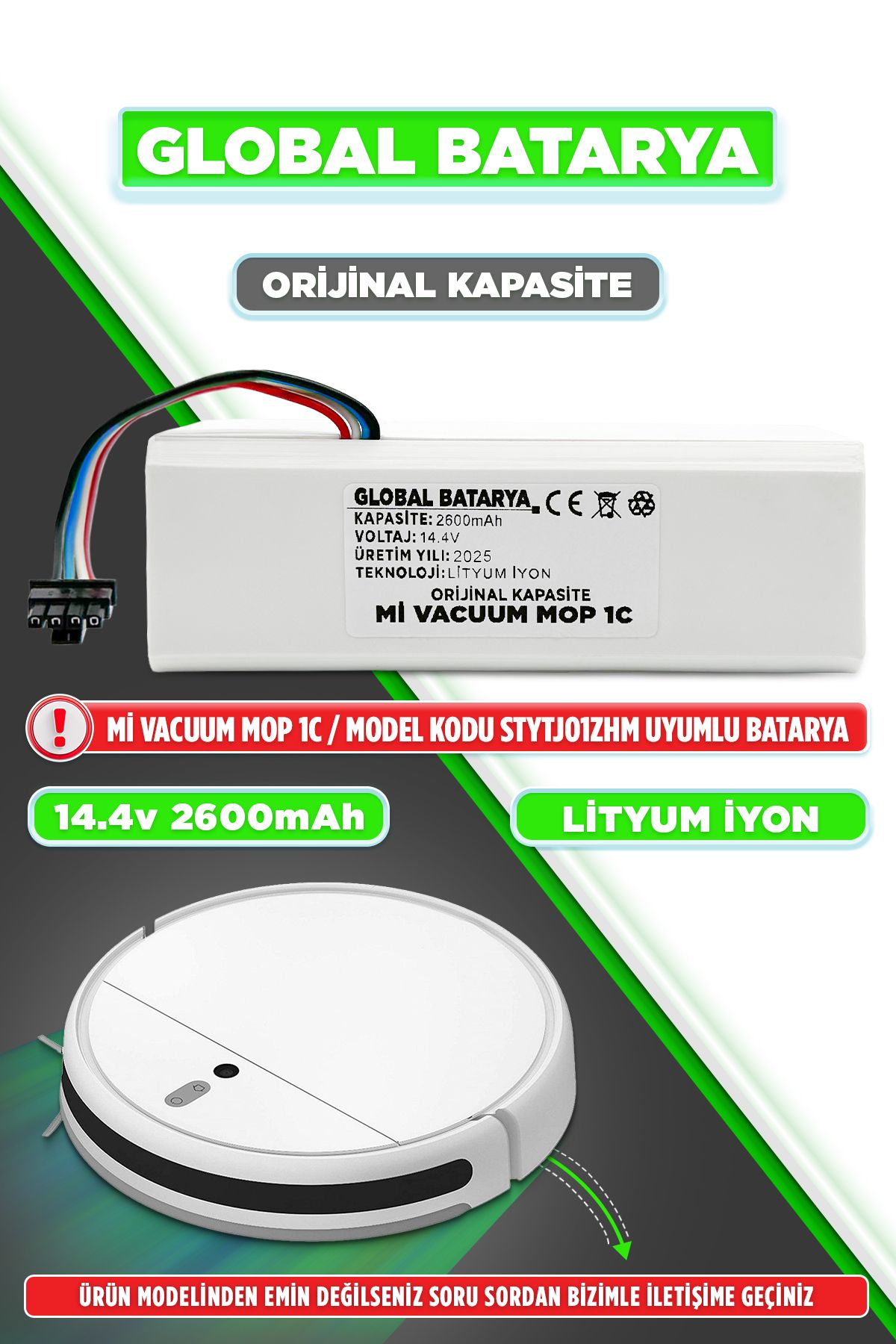 GLOBAL BATARYA Xiaomi Mi Vacuum Mop 1c 2in1 Akıllı Robot Süpürge Bataryası 14.4v 2600mah Pil