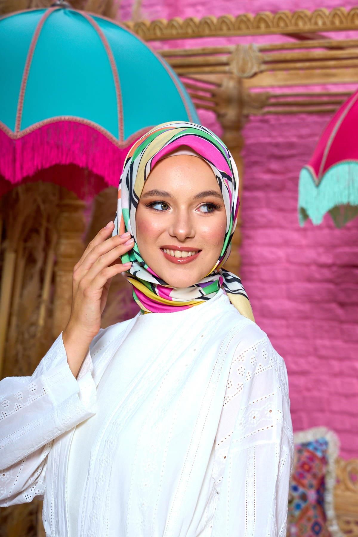 İpekhan-Marrakech Koleksiyon Soft Eşarp Yeşil Pembe 1199-01 1