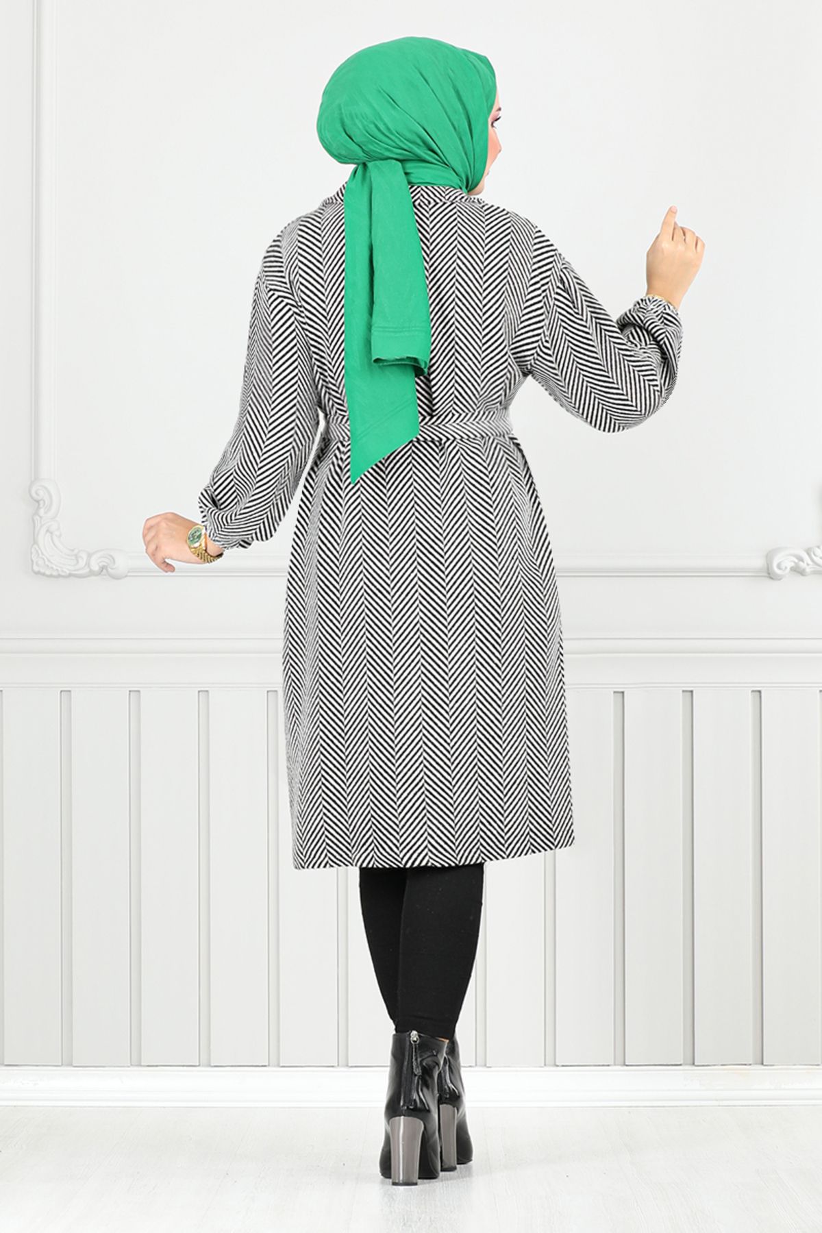 ModaMerve-Herringbone Patterned Striped Coat - 211Evo1065-M, Ecru 5