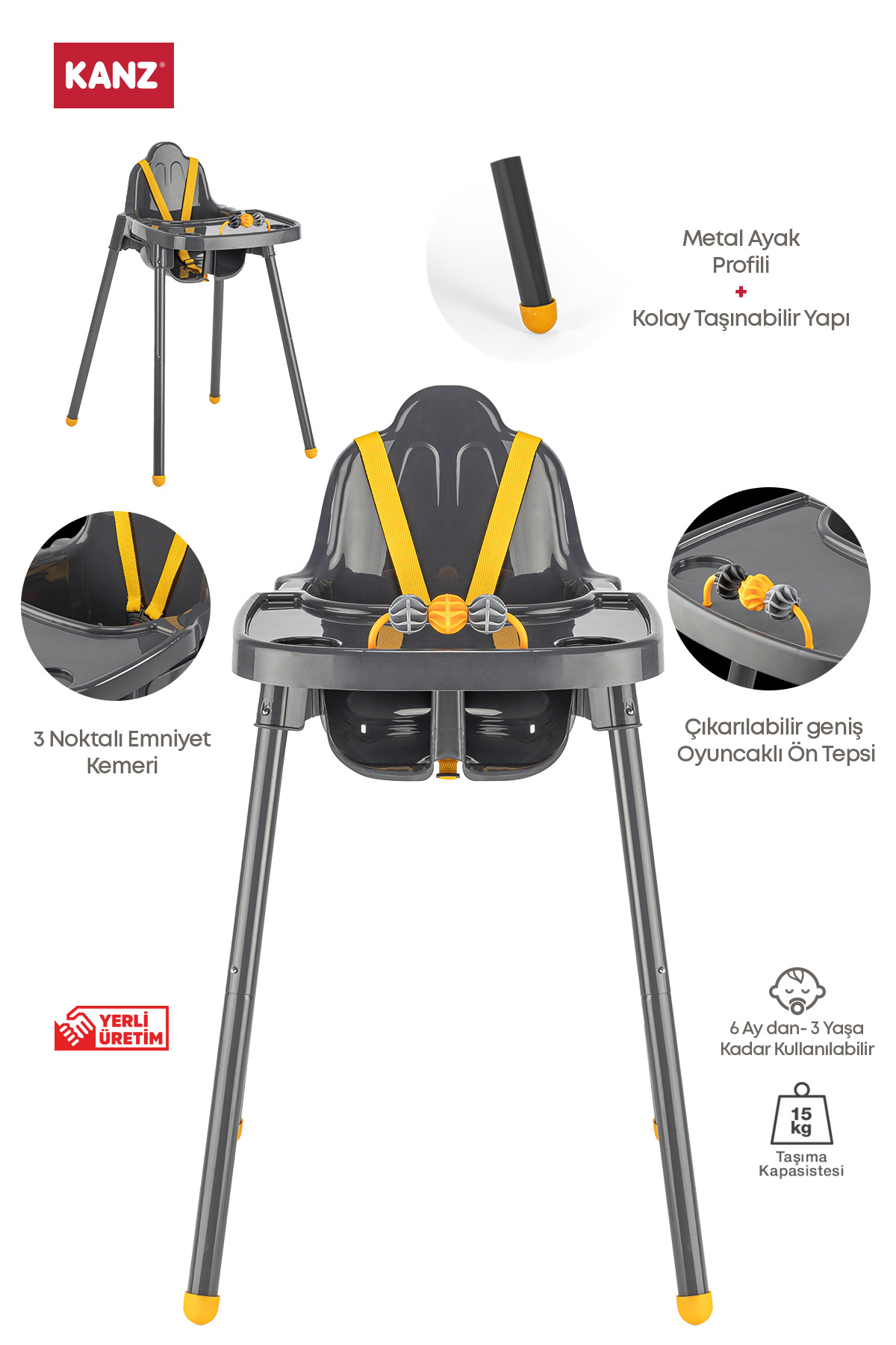 Kanz Ecofıx Mama Sandalyesi Sarı|Portatif Mama Sandalyesi|1699,00 TL