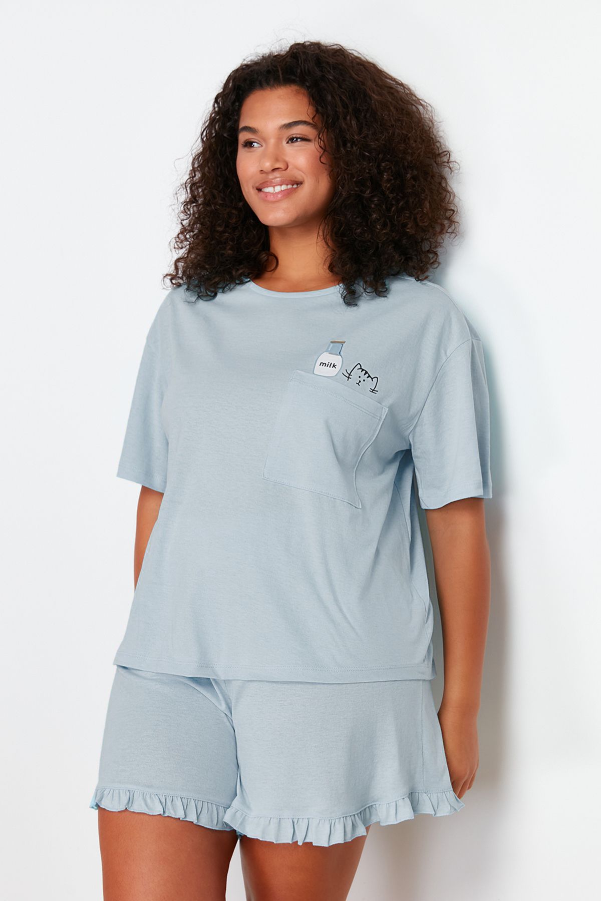 Trendyol Curve-Set pijamale tricotate cu imprimeu pisică albastru deschis TBBSS24AI00035 2