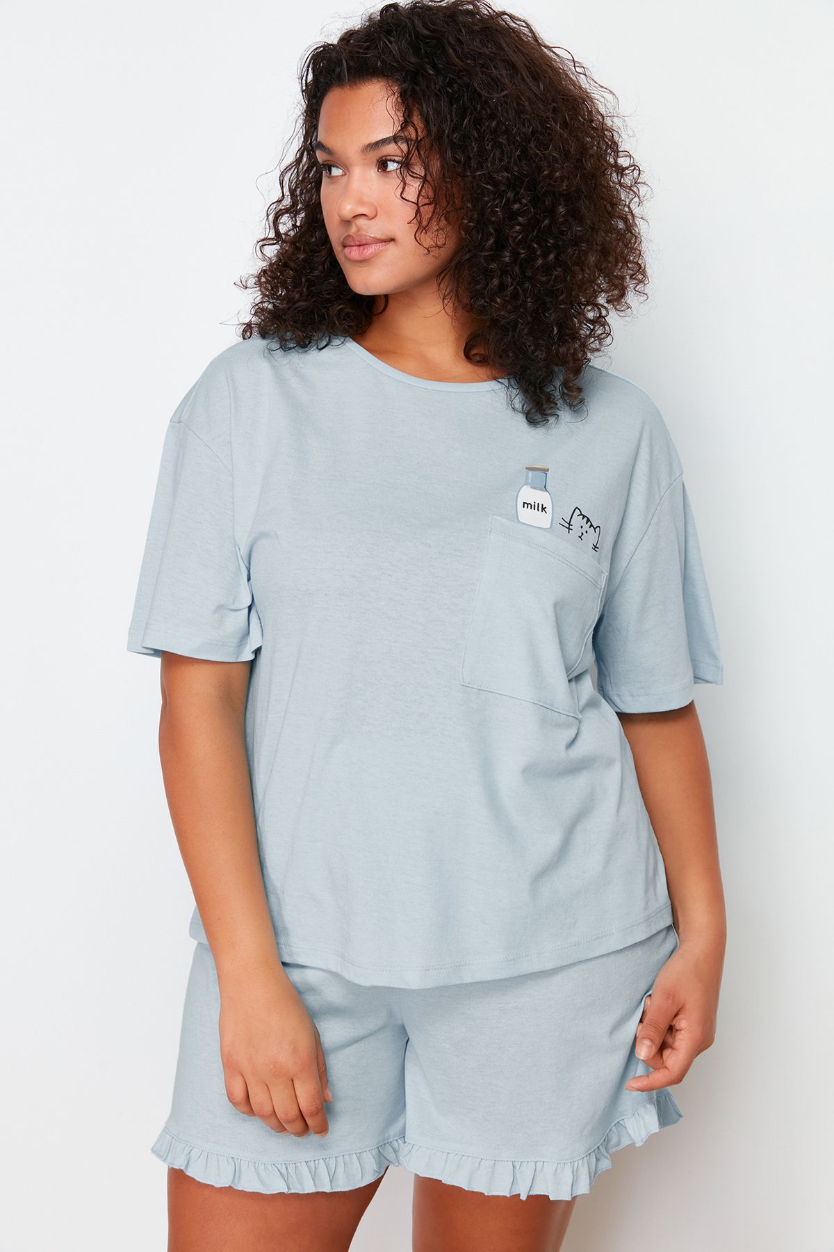 Trendyol Curve-Set pijamale tricotate cu imprimeu pisică albastru deschis TBBSS24AI00035 3