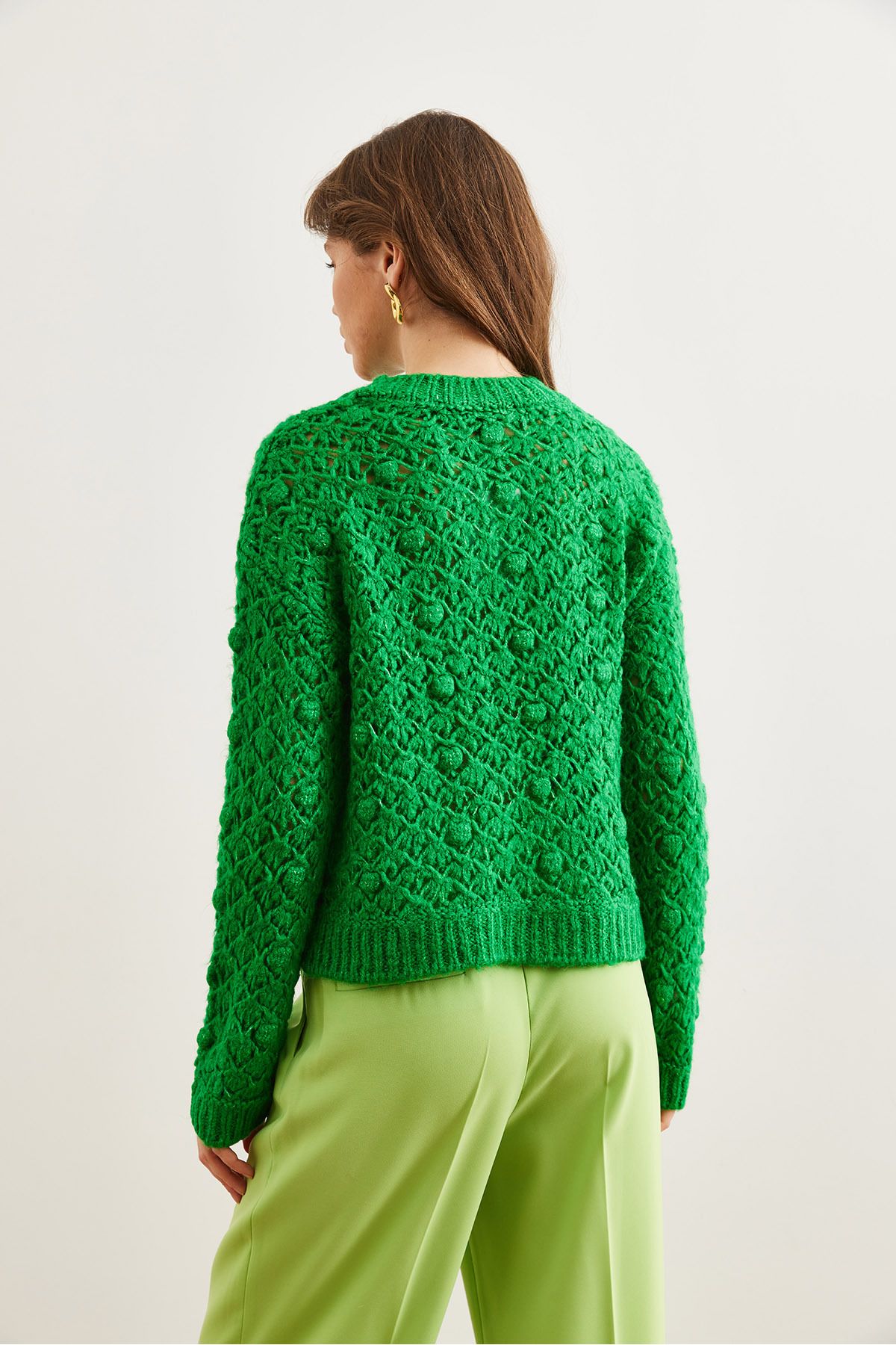 Olalook-Green Soft Textured Openwork Knitwear Sweater - Pompom Detail Kzk- 19000935 5