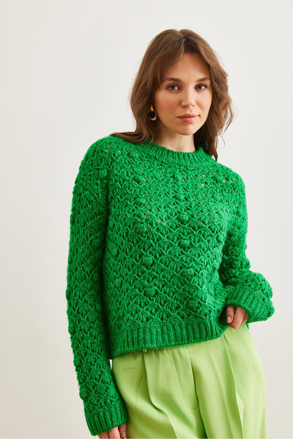 Olalook-Green Soft Textured Openwork Knitwear Sweater - Pompom Detail Kzk- 19000935 2