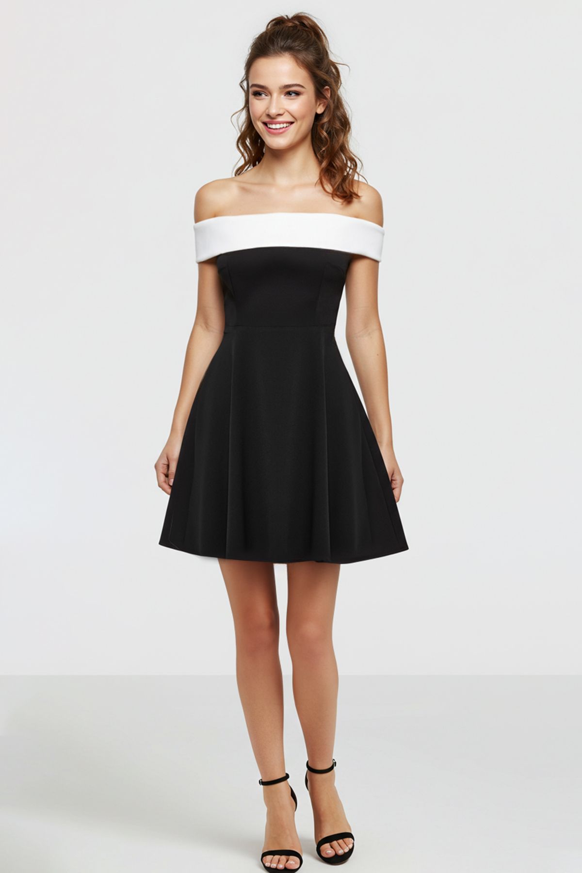 Trendyol Collection Czarno-biała Sukienka Z Kołnierzykiem Carmen - Na Wesele/ślub/noc/ukończenie Szkoły Kobieta - 38