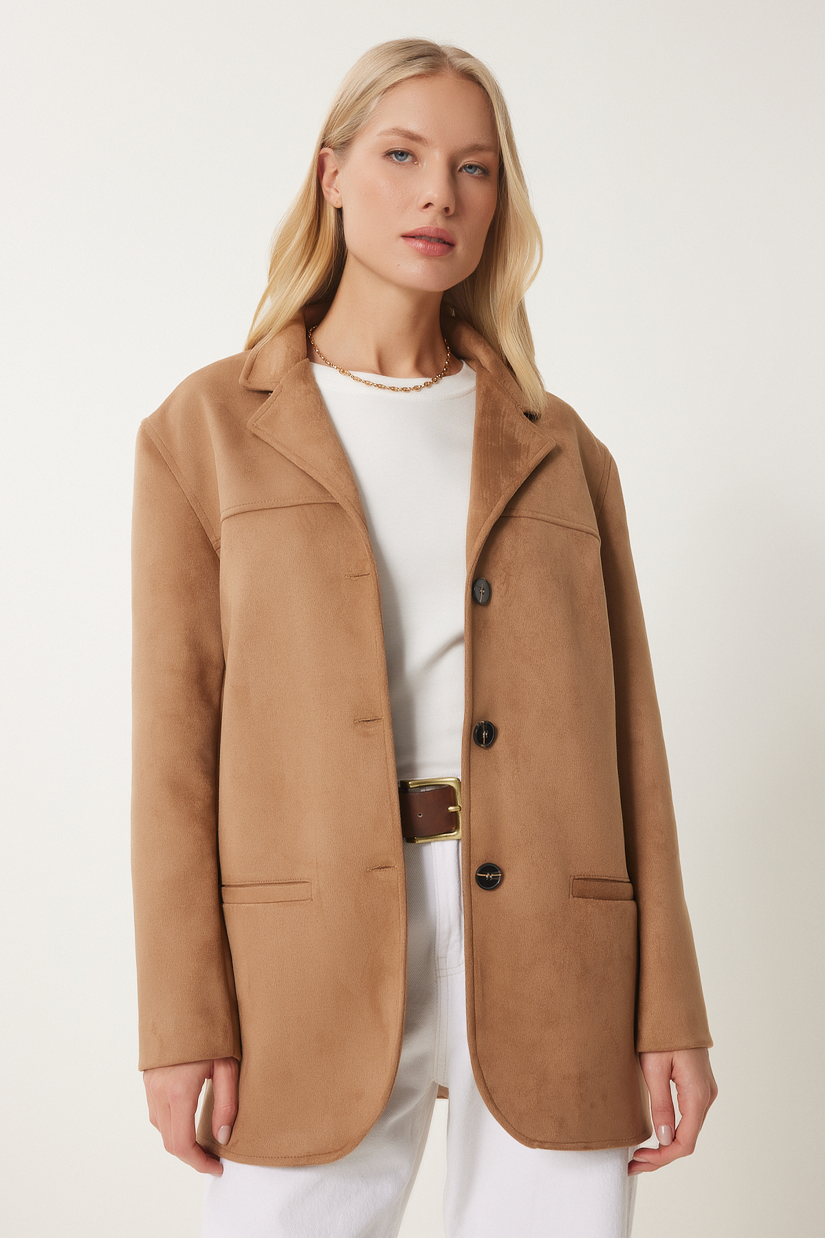 Happiness İstanbul  Kadın Vizon Premium Süet Ceket FK00012 - Görsel 2