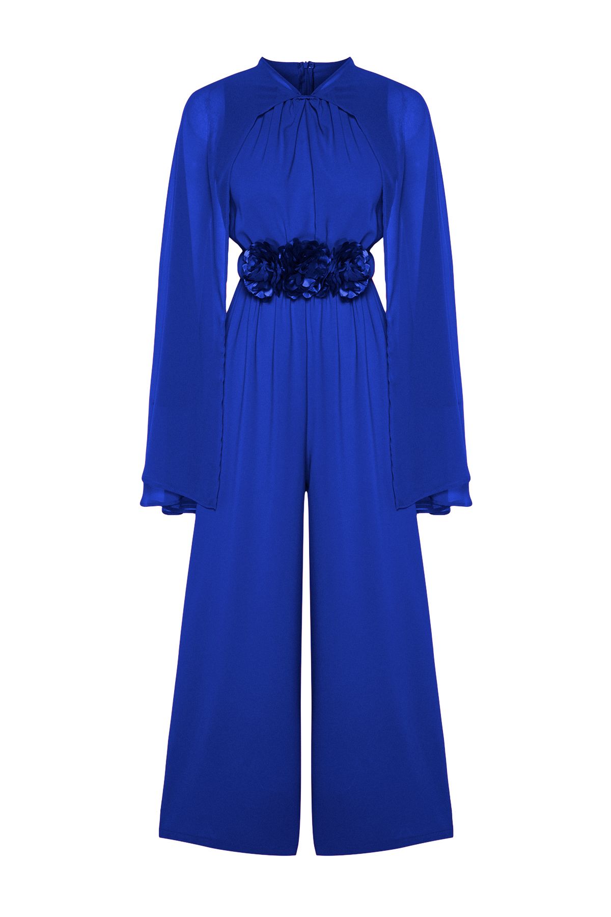 Trendyol Modest-Saks Blumen-Overall aus Chiffon mit Gürtel und Cape-Satin-Abendkleid TCTSS24DB00010 8