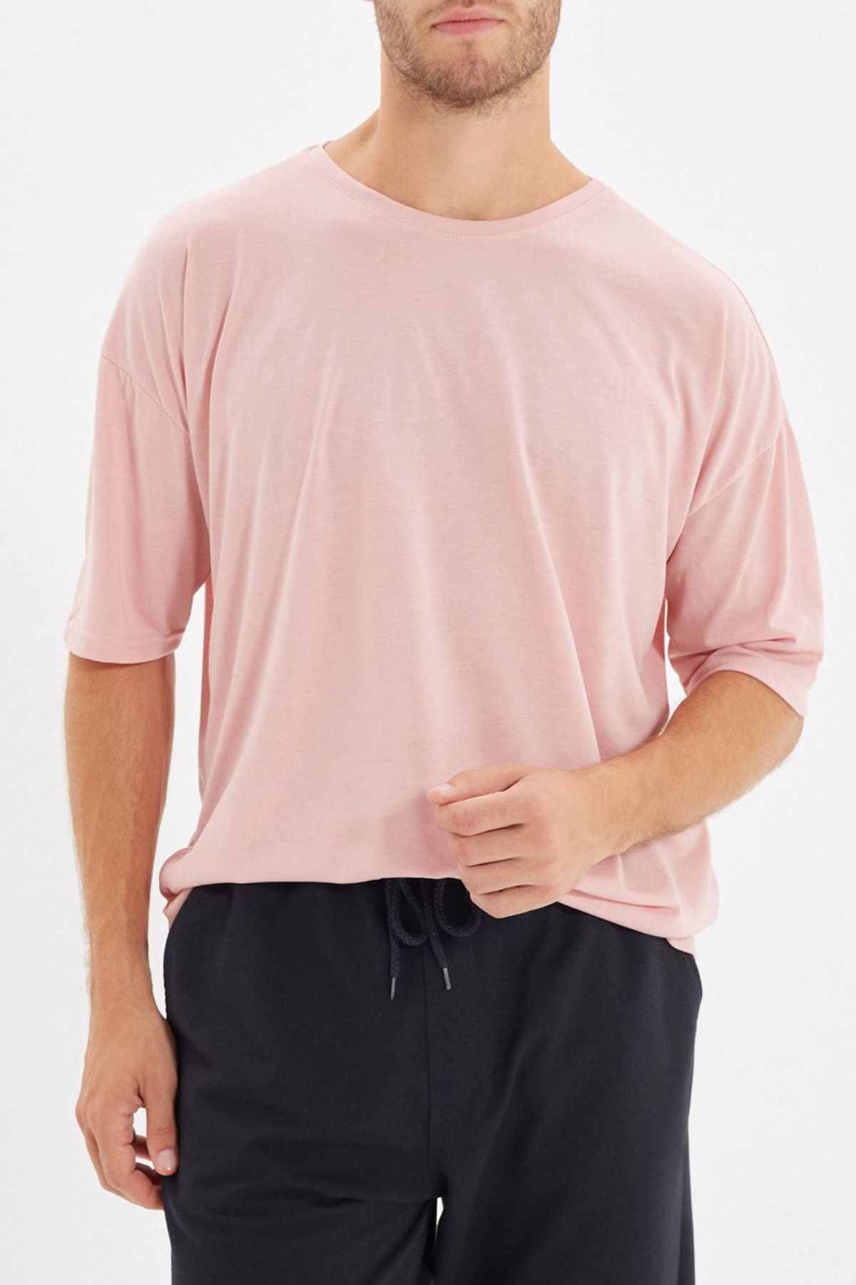 Edit by Trendyol-Tricou roz pentru bărbați - decolteu, croială largă, mânecă scurtă TMNSS21TS0811 4