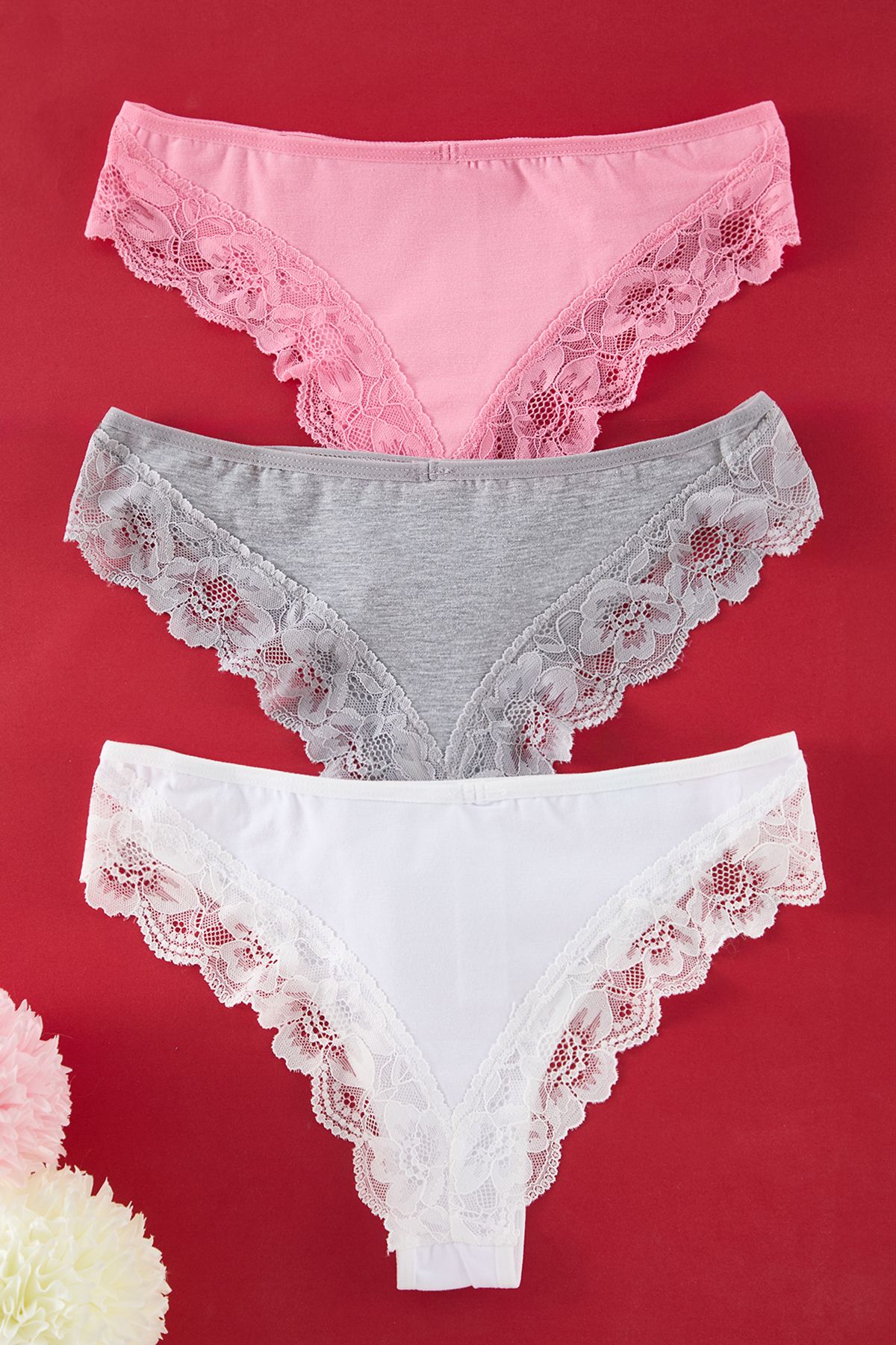 Trendyol Collection-3 Συσκευασία Γκρι-Λευκό-Ροζ Βαμβακερό Δαντελένιο Σλιπ - THMSS25KU00004 3