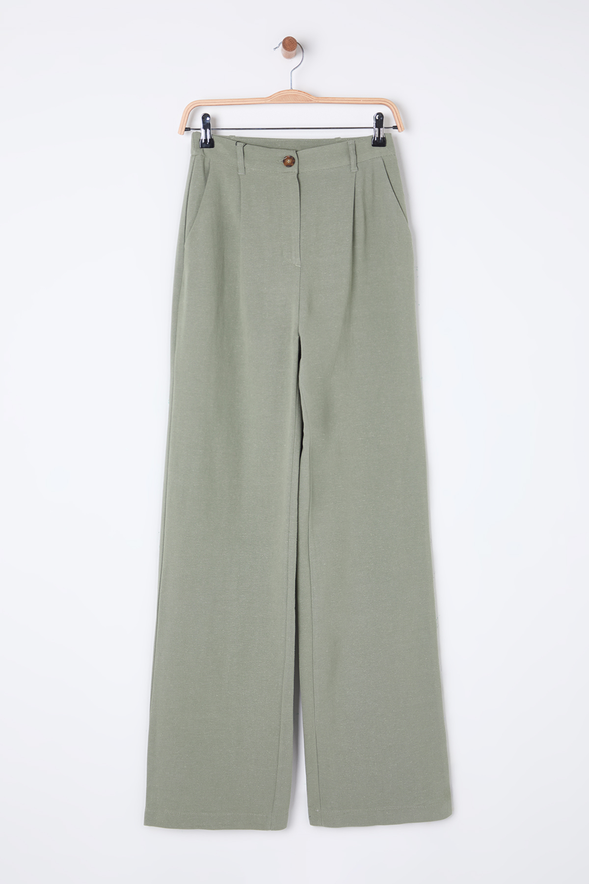 Trendyolmilla  Haki Keten Görünümlü Wide Leg/Geniş Paça Dokuma Pantolon TWOSS25PL00018 - Görsel 6