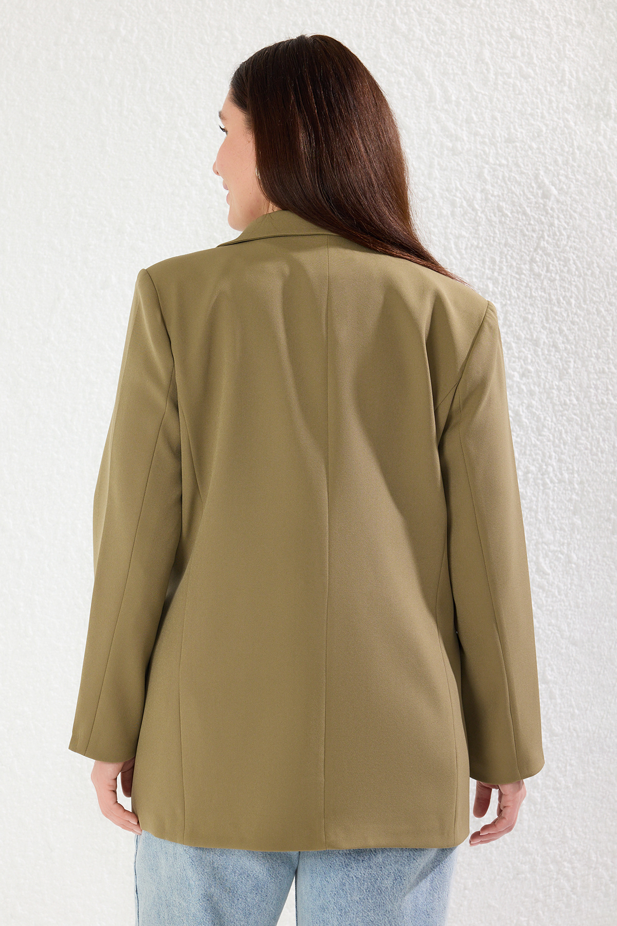 Trendyol Curve-Dwurzędowa marynarka Plus Size - jasny khaki, podszyta tkana Tbbaw25Ag00022 5