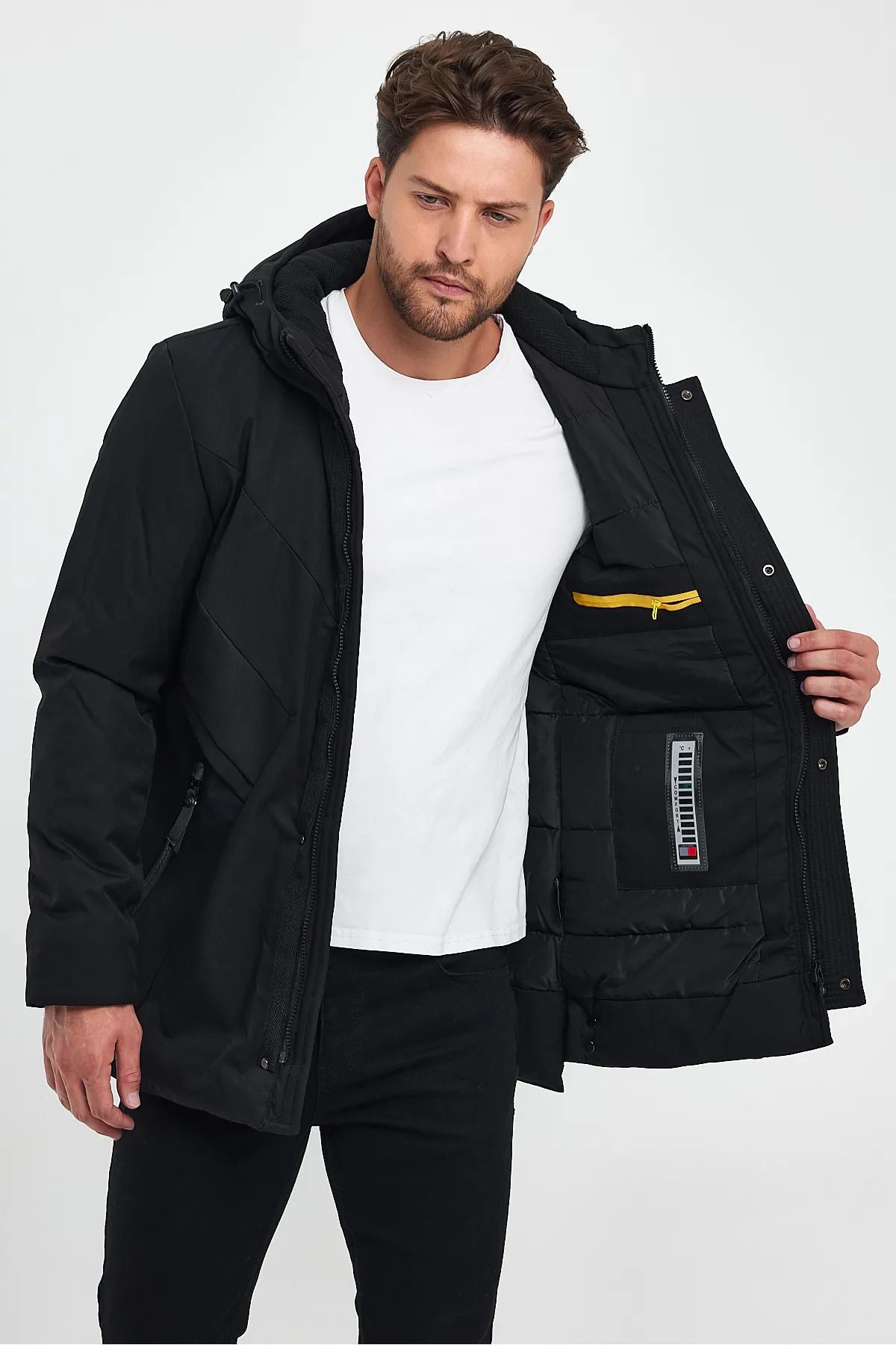 Rodi Jeans-Men's Black Fixed Hooded Zippered Pocket Detailed Rain and Windproof Insulated Long Coat 1