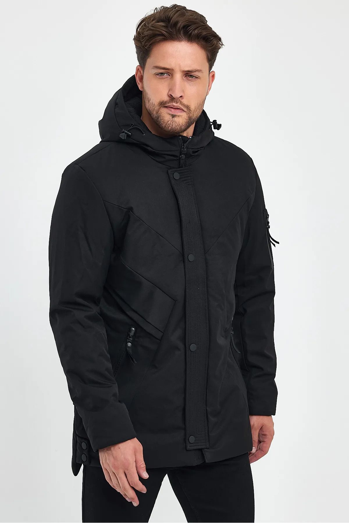 Rodi Jeans-Men's Black Fixed Hooded Zippered Pocket Detailed Rain and Windproof Insulated Long Coat 2