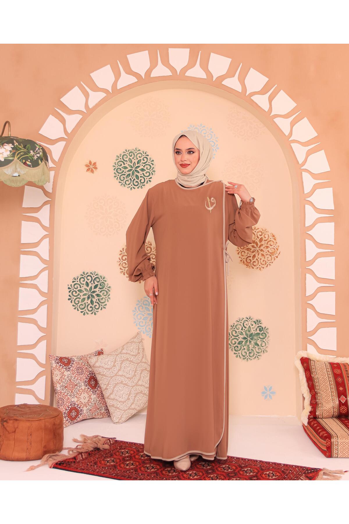 Elif VAV Embroidered Abaya Camel with Snap Fastener