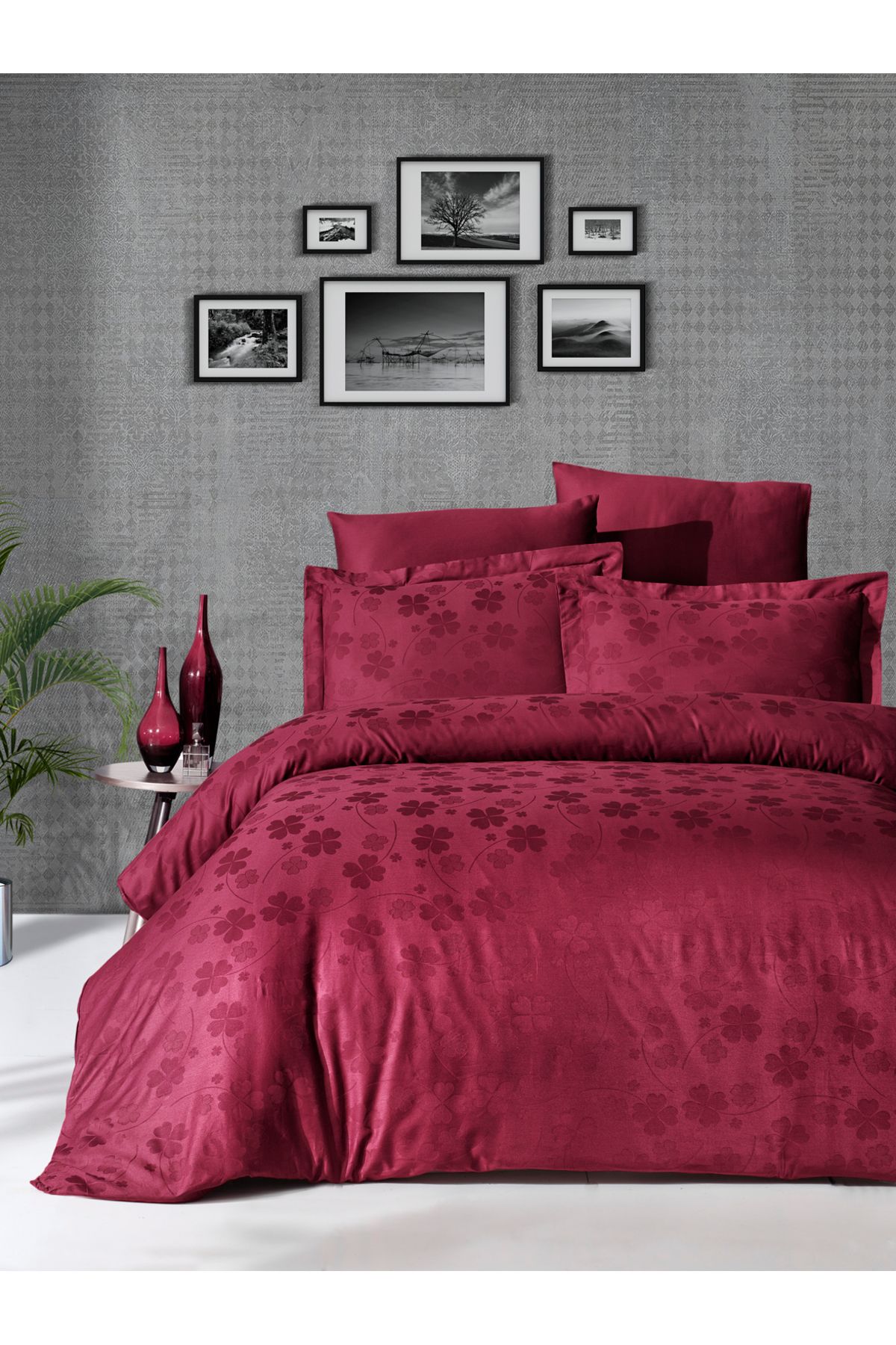 First Choice-Firstchoice Clover Dark Red Jacquard Satin - Double Duvet Cover Set 1