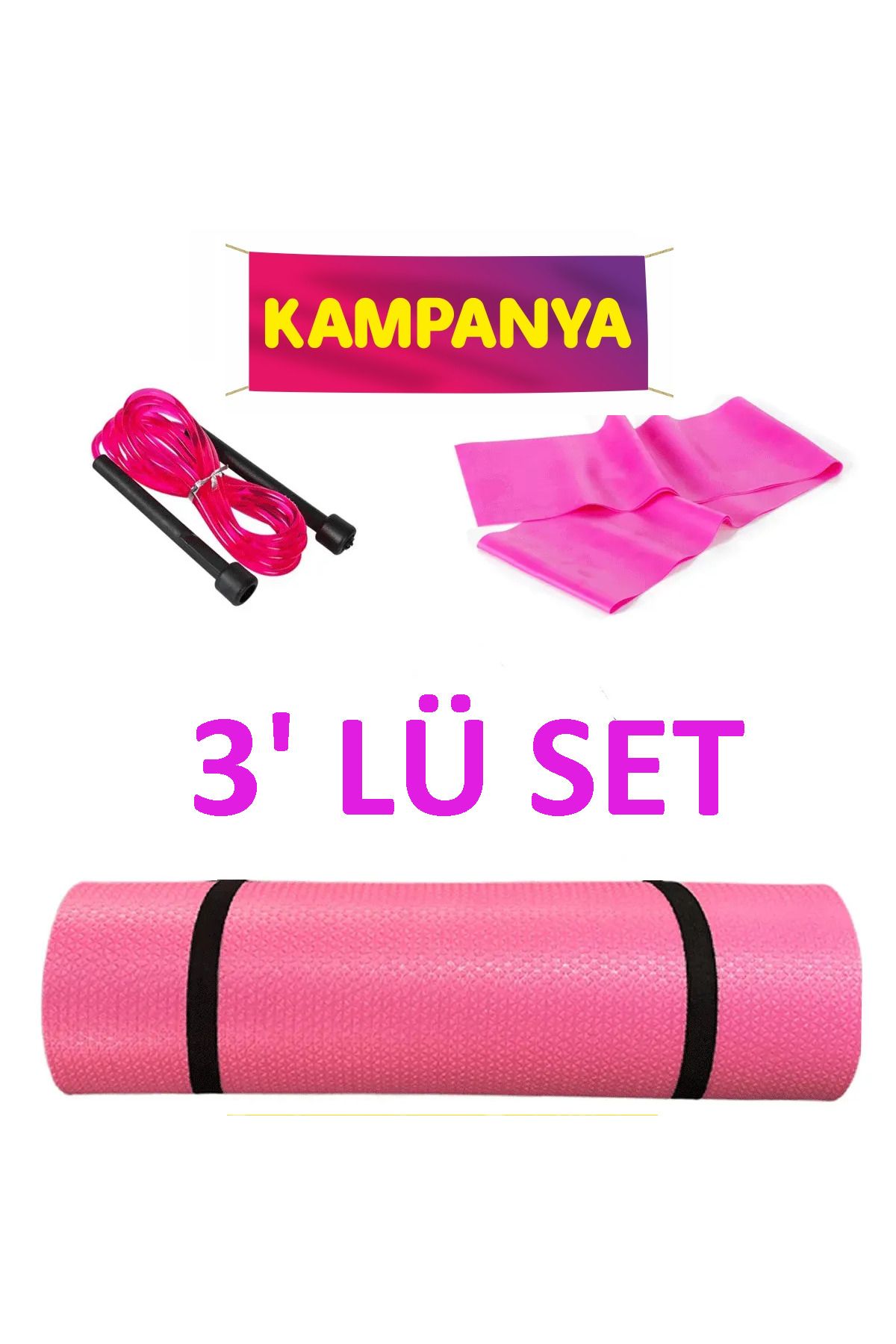 PLUSSPORT PEMBE PİLATES MİNDER VE MAT DİRENÇ LASTİĞİ VE ATLAMA EGZERSİZ İPİ 3'LÜ SET