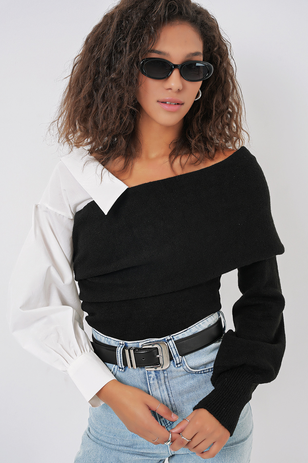 Bigdart-15916 Hemd Detaillierte Strickwaren Bluse Pullover - Schwarz 1