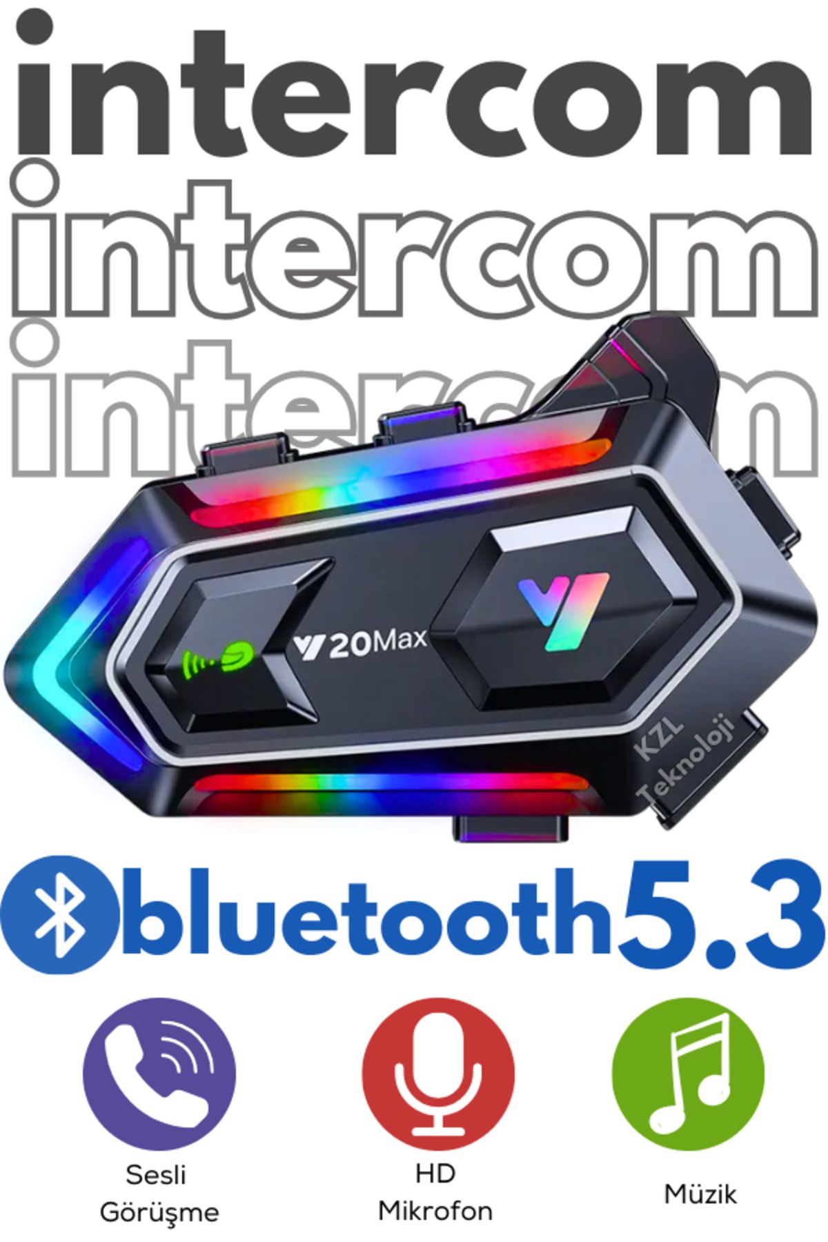 Maybax Bluetooth 5.3 Motosiklet Kask Kulaklık Intercom RGB  Işıklı Motorsiklet Interkom IPX6 Su Geçirmez