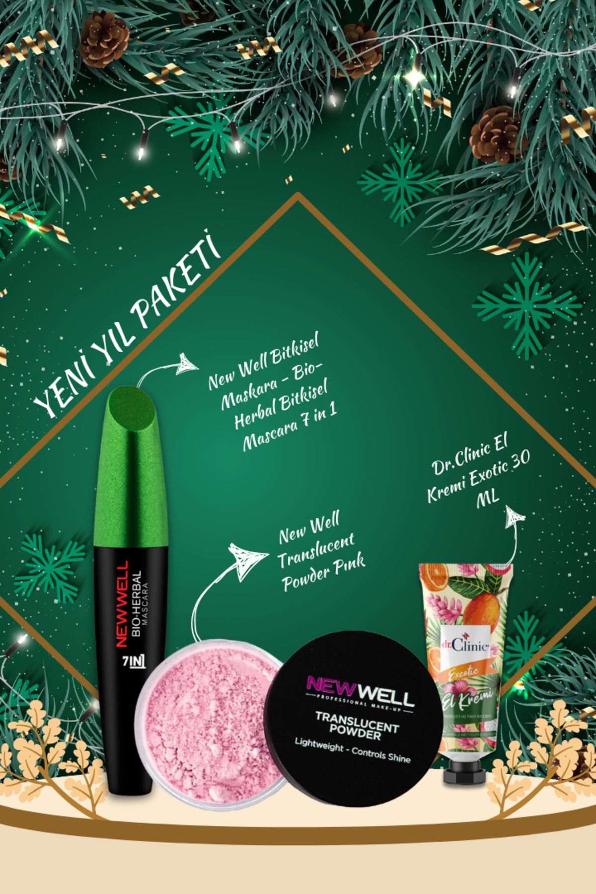 New Well Bio-Herbal Bitkisel Mascara 7 in 1 & El Kremi Exotic 30 ML & Bio Kaş Ve Translucent Powder Pınk