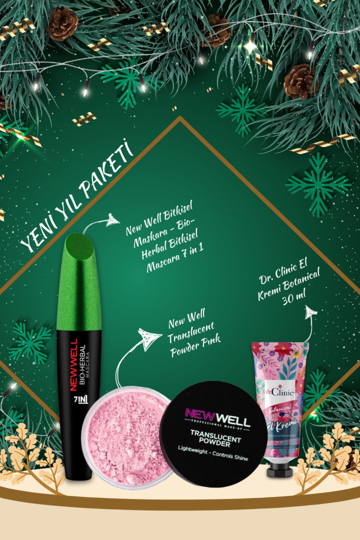 New Well Bio-Herbal Bitkisel Mascara 7 in 1 & El Kremi Botanical 30 ml & Bio Kaş Ve Translucent Powder Pınk