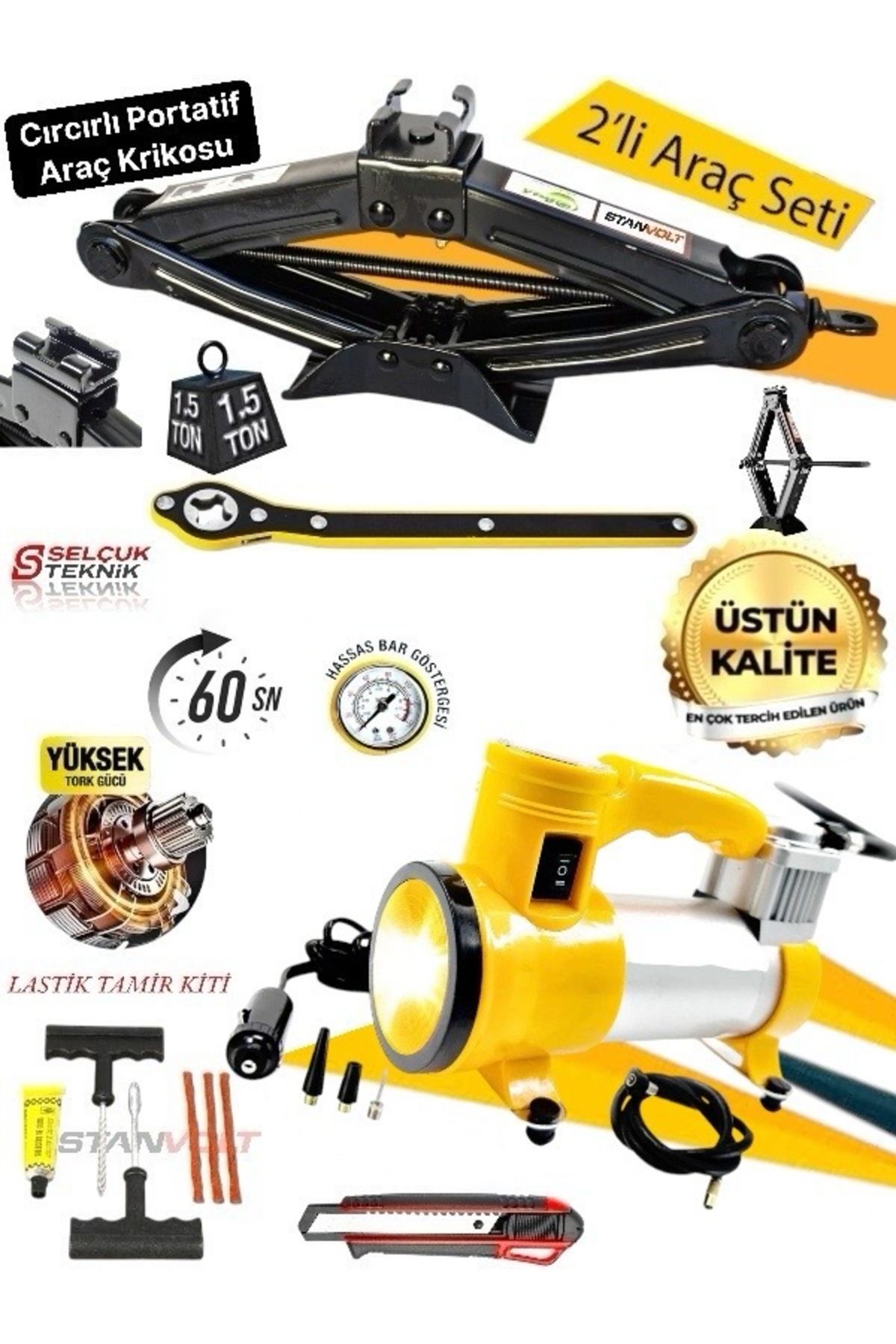 STANVOLT Oto Araç Lastik Şişirme Kompresör 140 Psi IŞIKLI + Kriko CırCır Kollu 1,5 Ton VE Bijon Anahtarlı SET