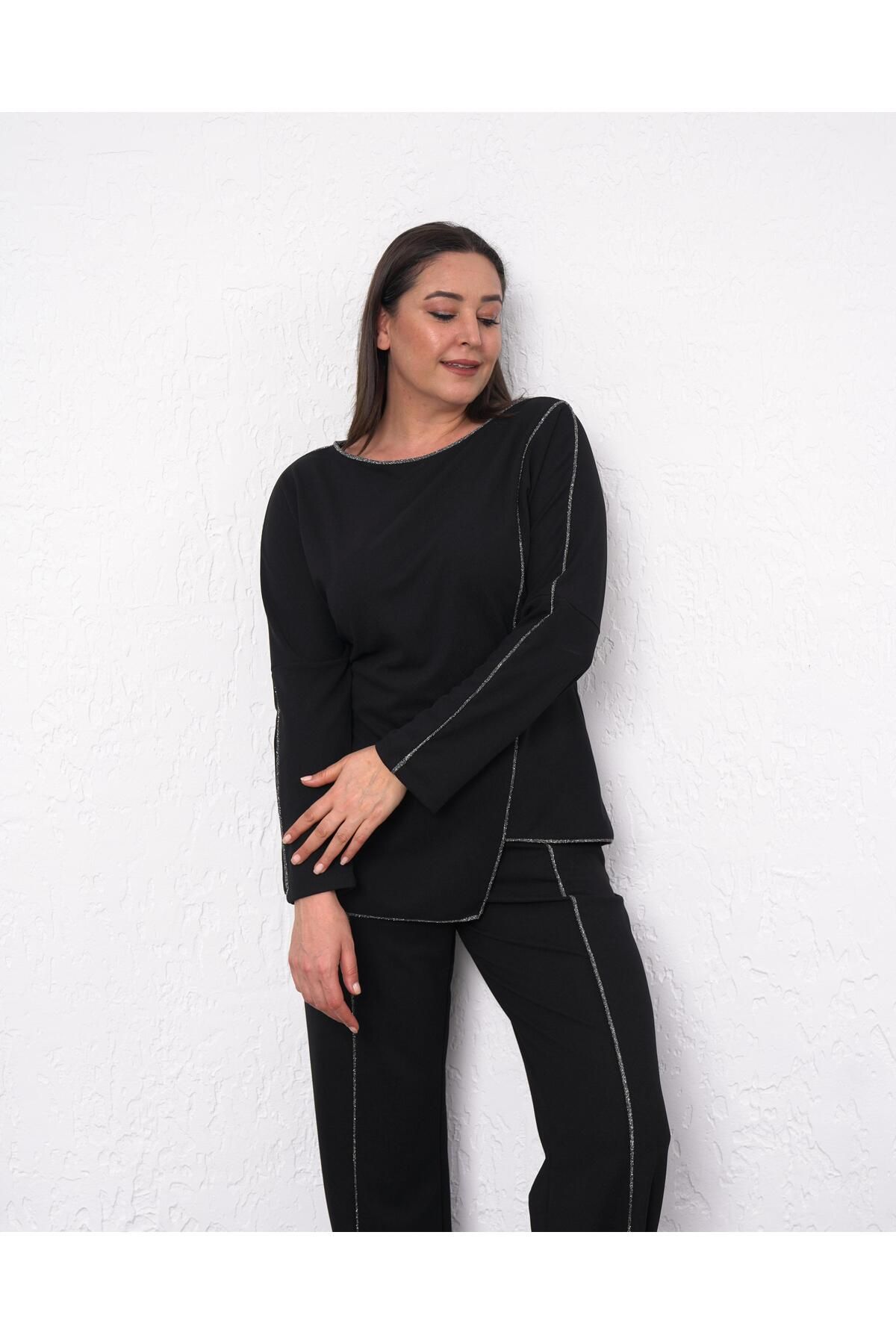 Butik Nilyam-Bluză cu dungi cu sclipici pentru damă, mărime mare, cu decolteu triplu, cu pantaloni elastici, costum de seară 24514 4