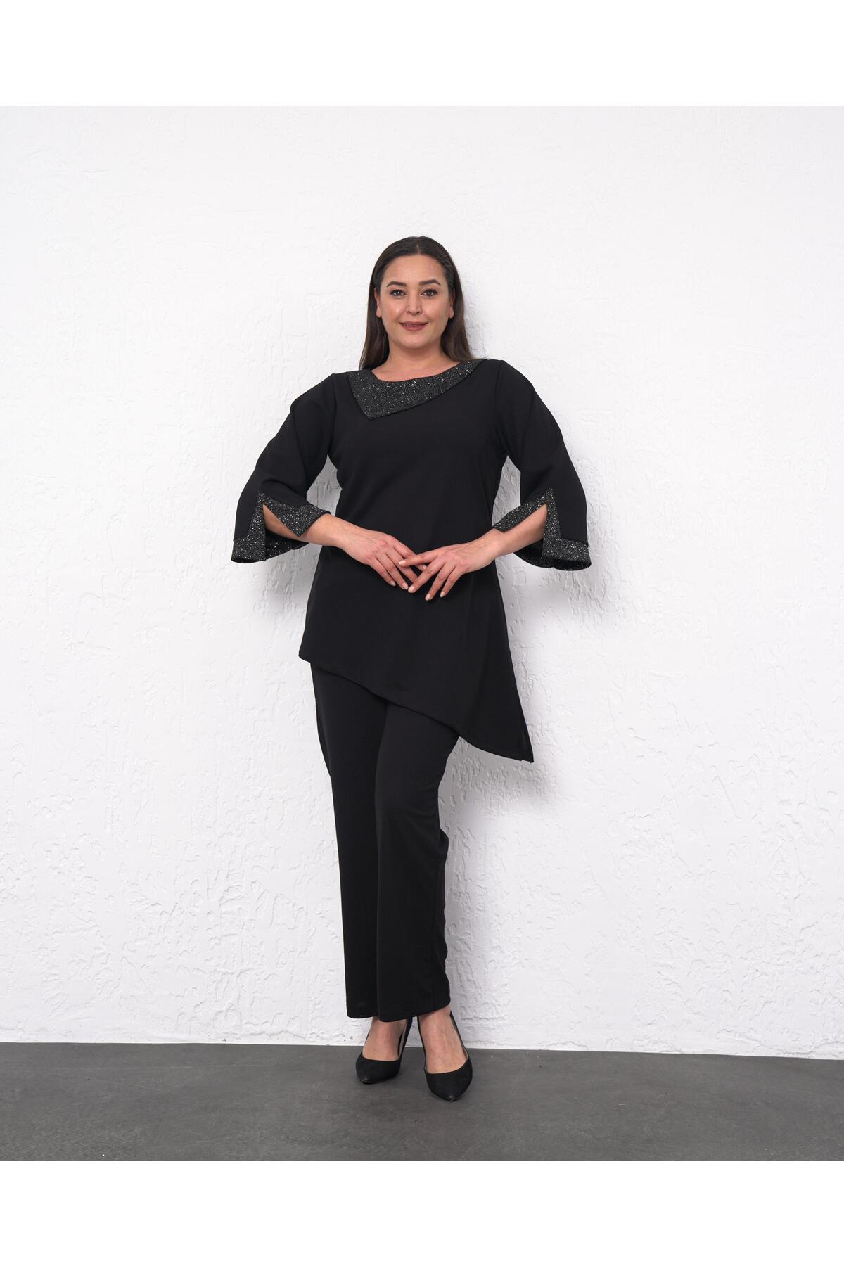 Butik Nilyam Kadın Büyük Beden Sim Fular Yaka Detaylı Bluz Pantolon ...