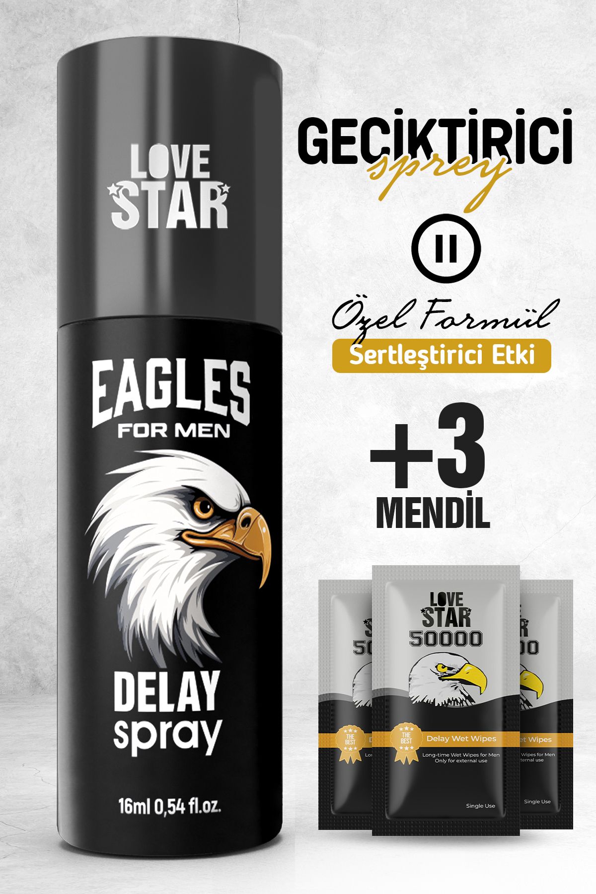 Love Star 16ml Geciktirmeye Yardımcı Uzun Deneyim Spreyi ve 3 Adet Tek Kullanımlık Mendil Geciktiricili Set