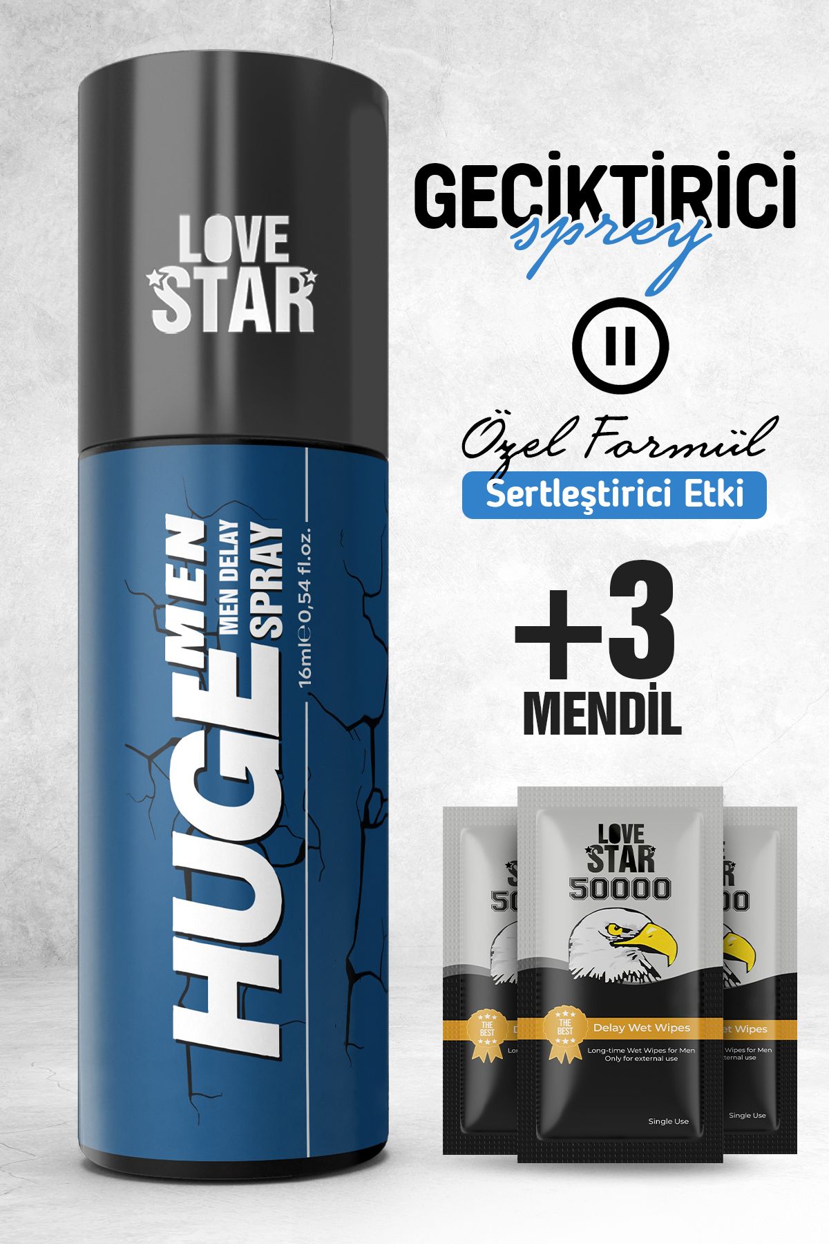 Love Star Geciktiricili Premium Avrupa'dan İthal Sprey ve 3 Adet Tek Kullanımlık Mendil Geciktiricili Set