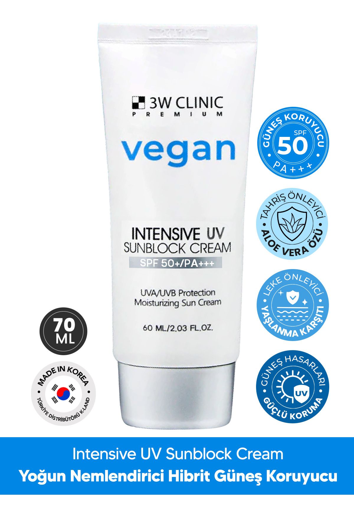 3W CLINIC Yoğun Nemlendirme Etkili Vegan Hibrit Güneş Kremi SPF 50 PA +++ 3W CLINIC Premium Vegan UV Sun 60ml