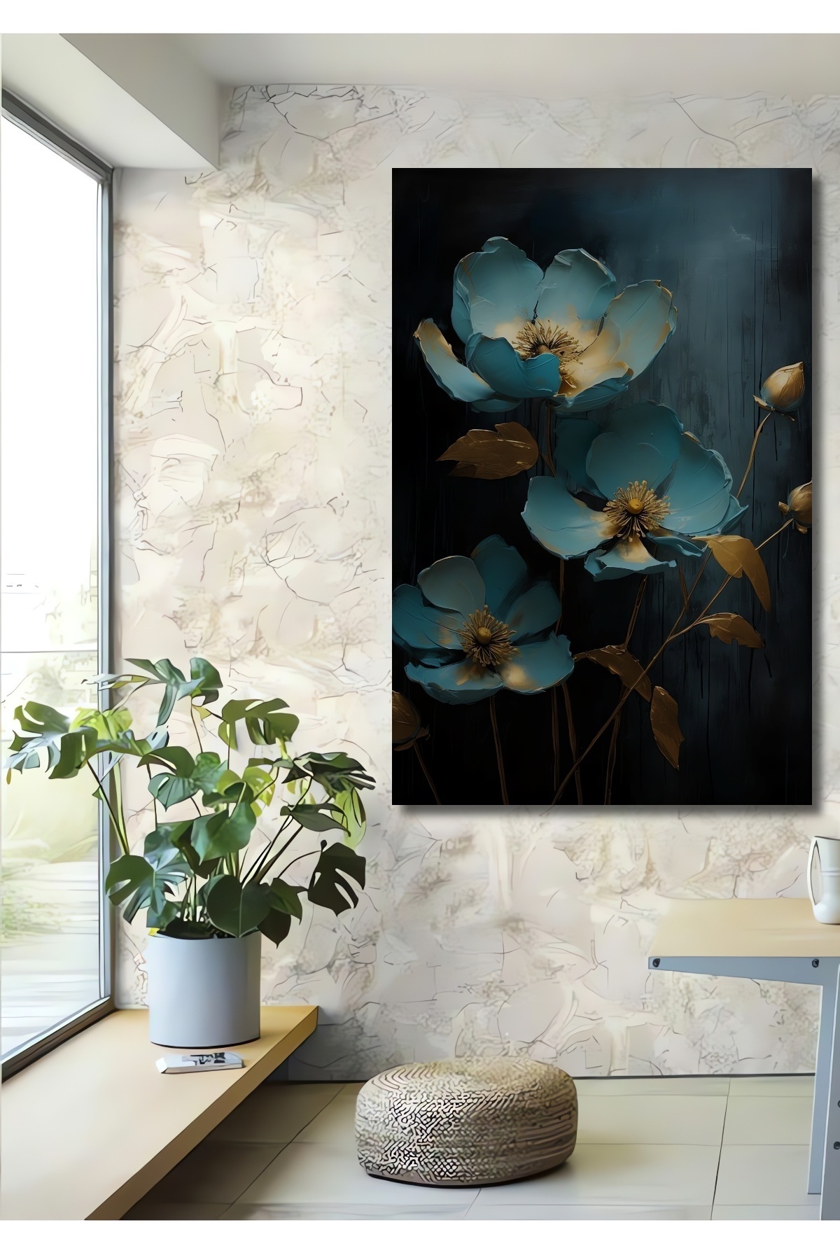 Blue Flowers Decorative Wooden MDF Home/Workplace Wall Table Rectangular Home/Workplace Wall Table