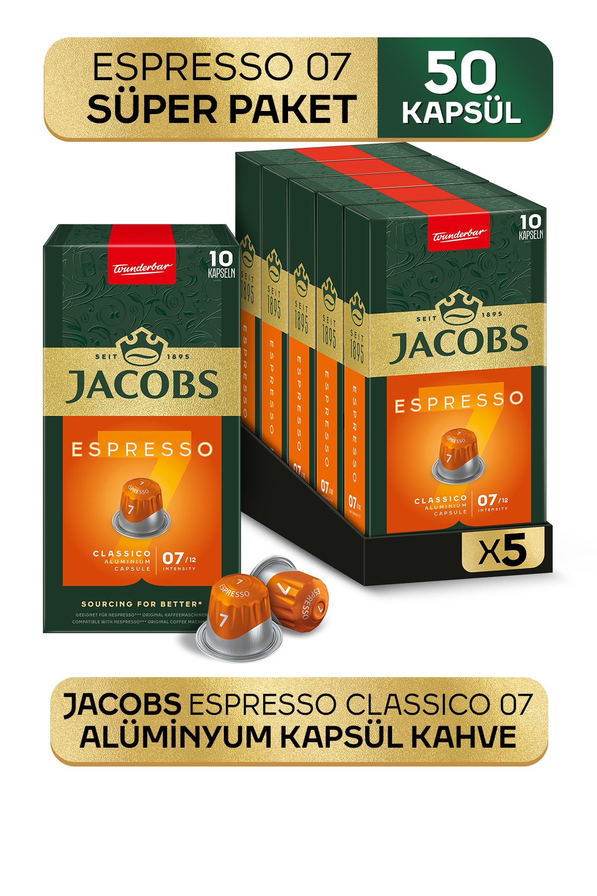 Jacobs Espresso 7 Classico Nespresso Uyumlu Alüminyum Kapsül Kahve 10 Adet X 5 Paket