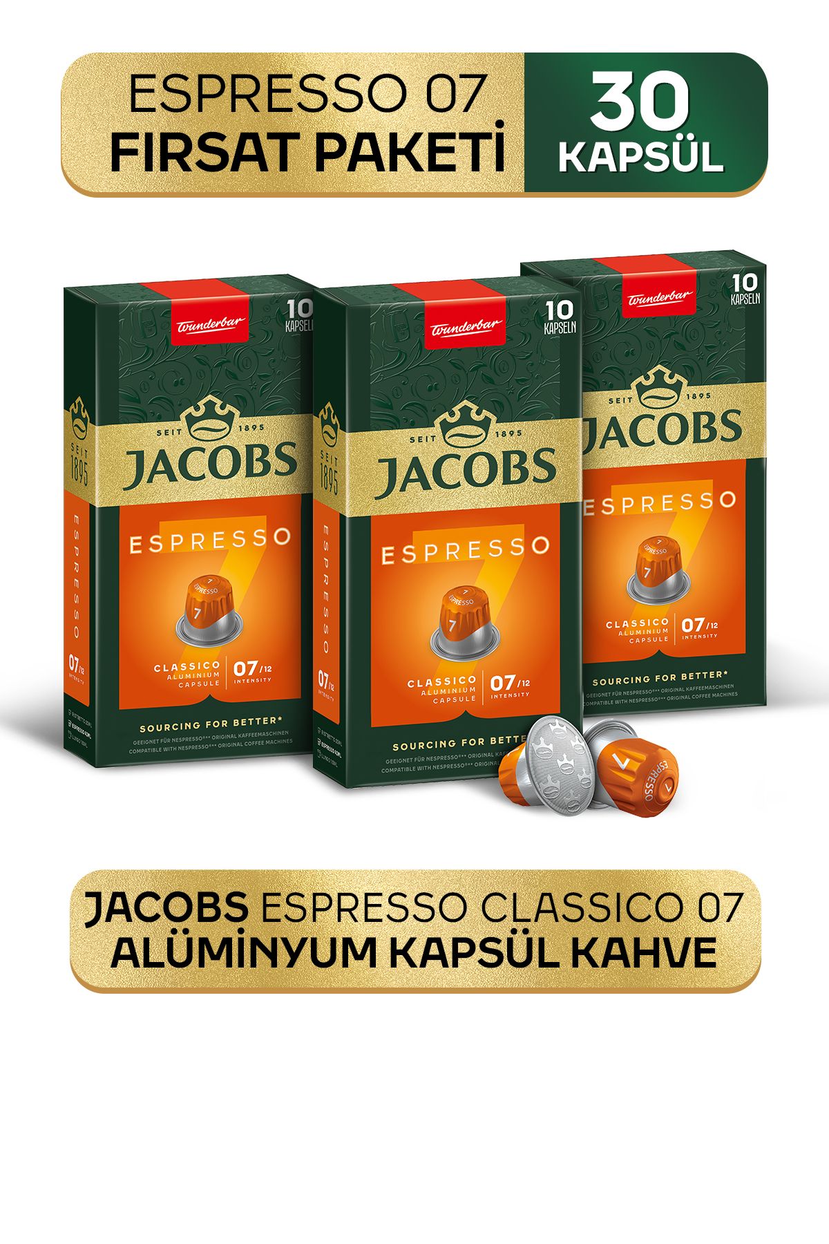 Jacobs Espresso 7 Classico Nespresso Uyumlu Alüminyum Kapsül Kahve 10 Adet X 3 Paket