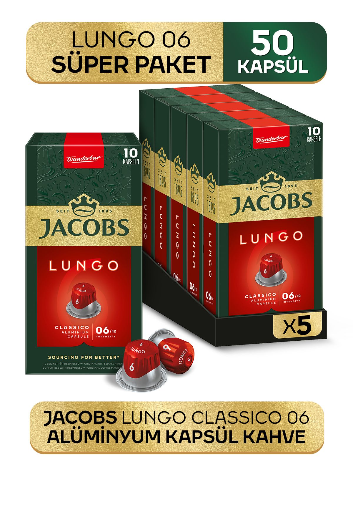 Jacobs Lungo 6 Classic Nespresso Uyumlu Alüminyum Kapsül Kahve 10 Adet X 5 Paket