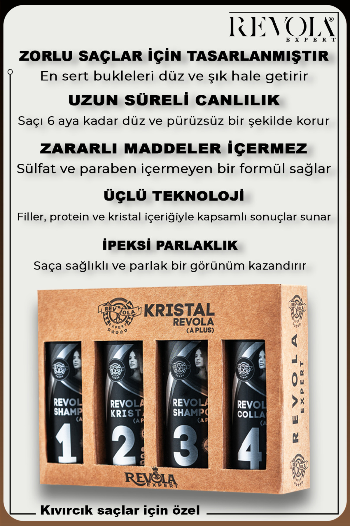 Kristal A Plus Brezilya Fönü - Keratin Protein Botox Kıvırcık Saç Düzleştirici 4 lü Bakım Seti 100ml — Kristal100ml — تصویر 3 از 5