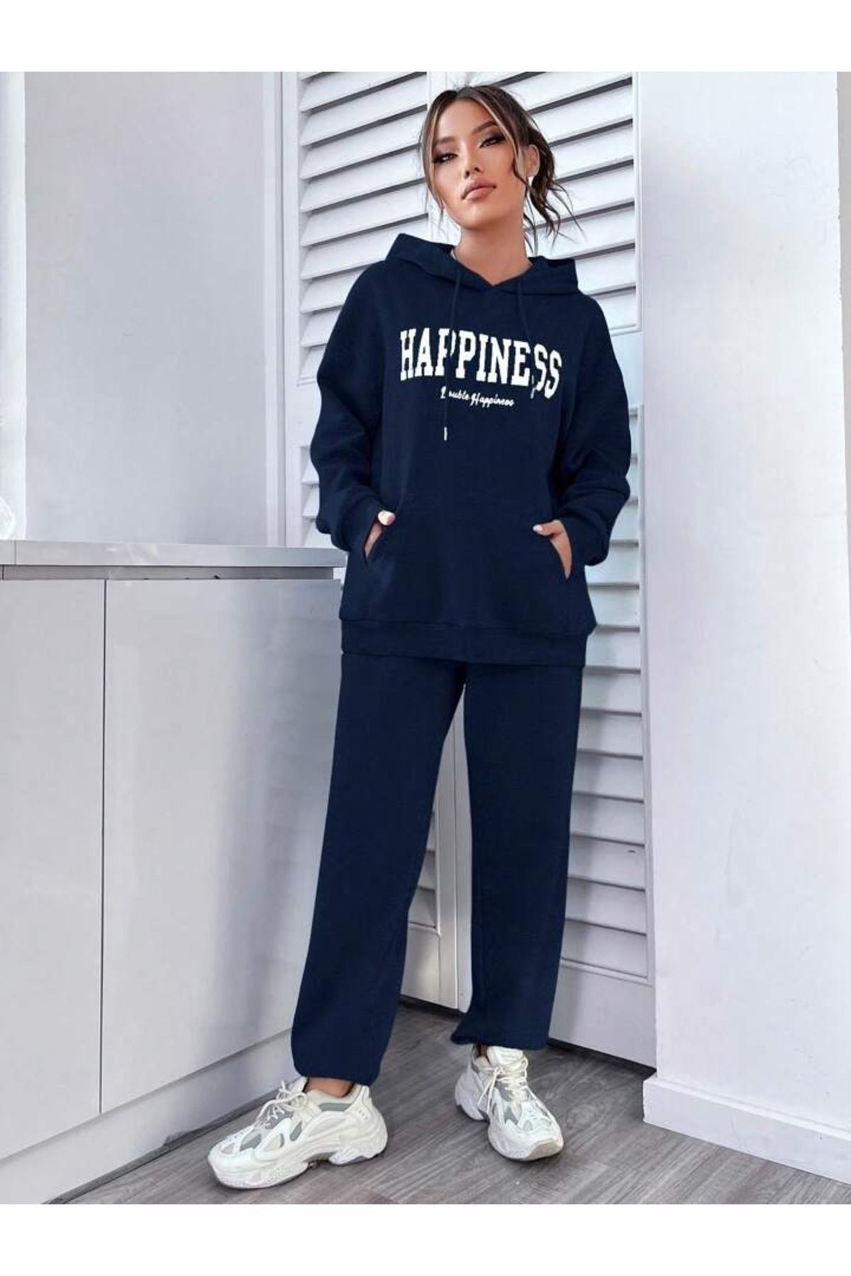 Demacia-Navy Blue Happiness Printed Women's Tracksuit Set - Hooded 4