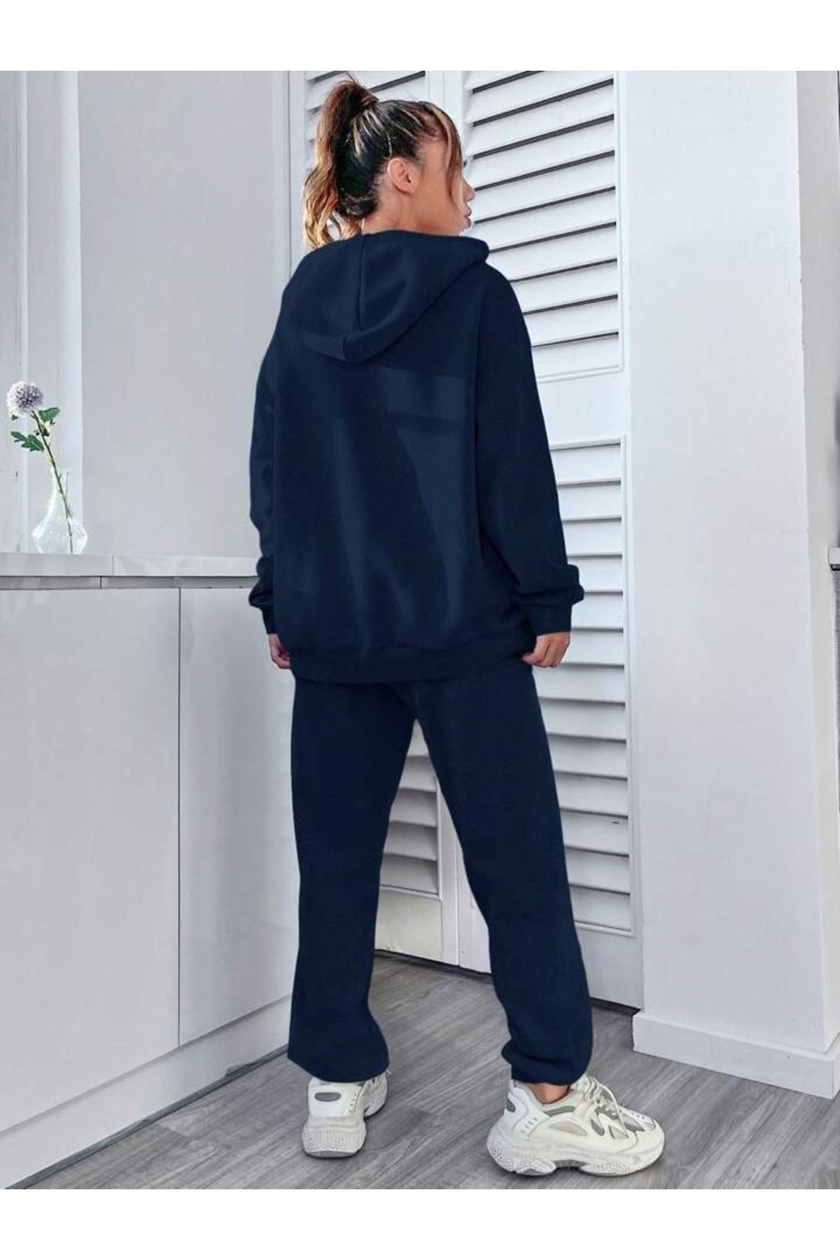 Demacia-Navy Blue Happiness Printed Women's Tracksuit Set - Hooded 2