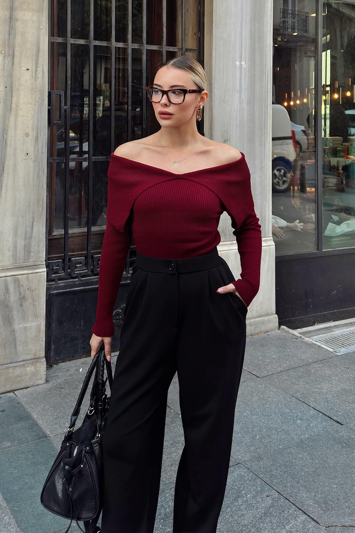 Swist-Burgundy Adria Degaje Collar Off-The-Shoulder Women's Knitwear Sweater 3