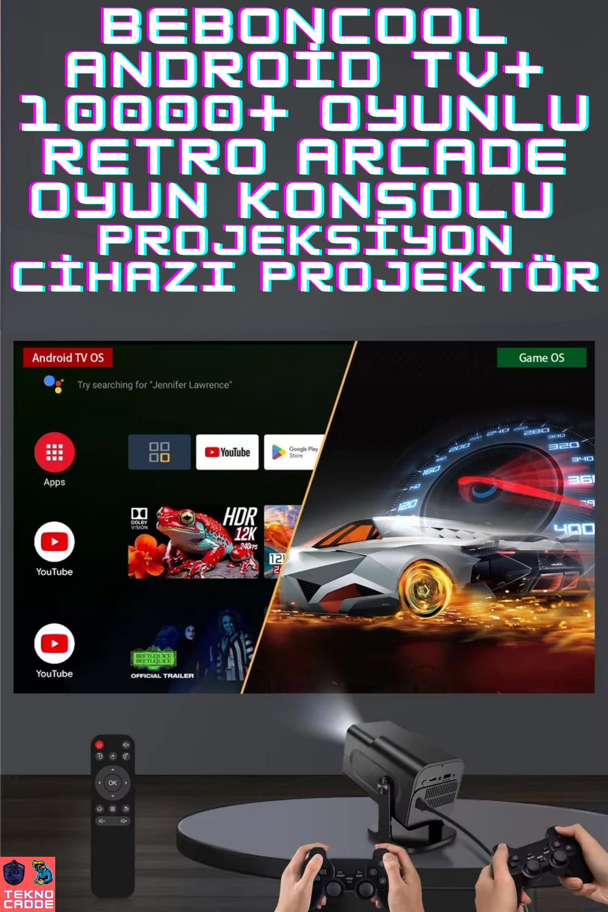 beboncool HCY320 PRO 15000+ Retro Arcade Oyunlu Kumandalı Android TV Projektör Projeksiyon Cihazı