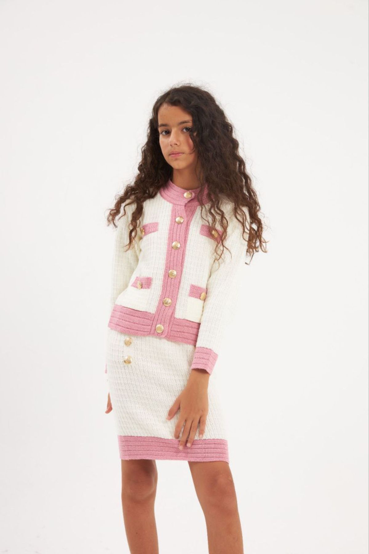 Hilal Akıncı Kids-Markasensinkids Gold Buttoned Skirt Pocket Style Design Knitwear Set 1