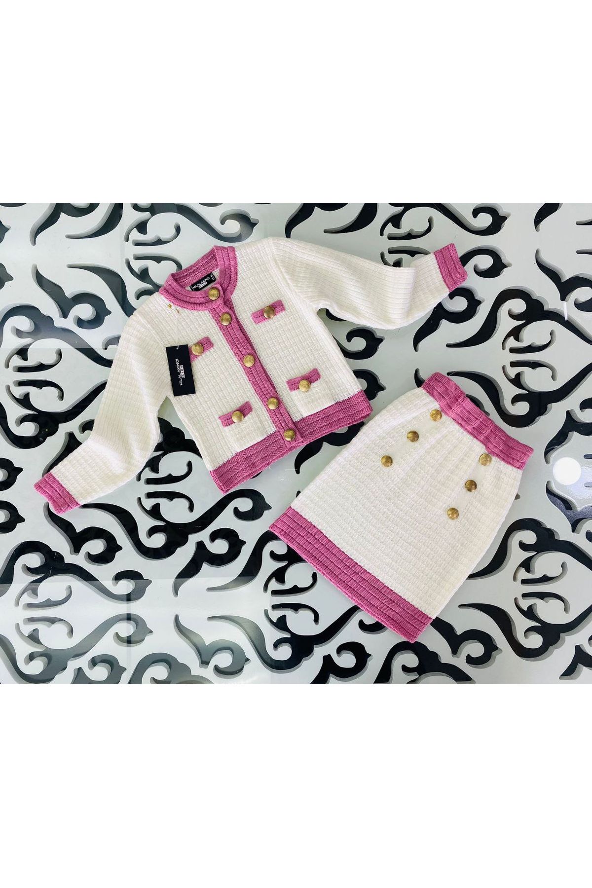 Hilal Akıncı Kids-Markasensinkids Gold Buttoned Skirt Pocket Style Design Knitwear Set 3