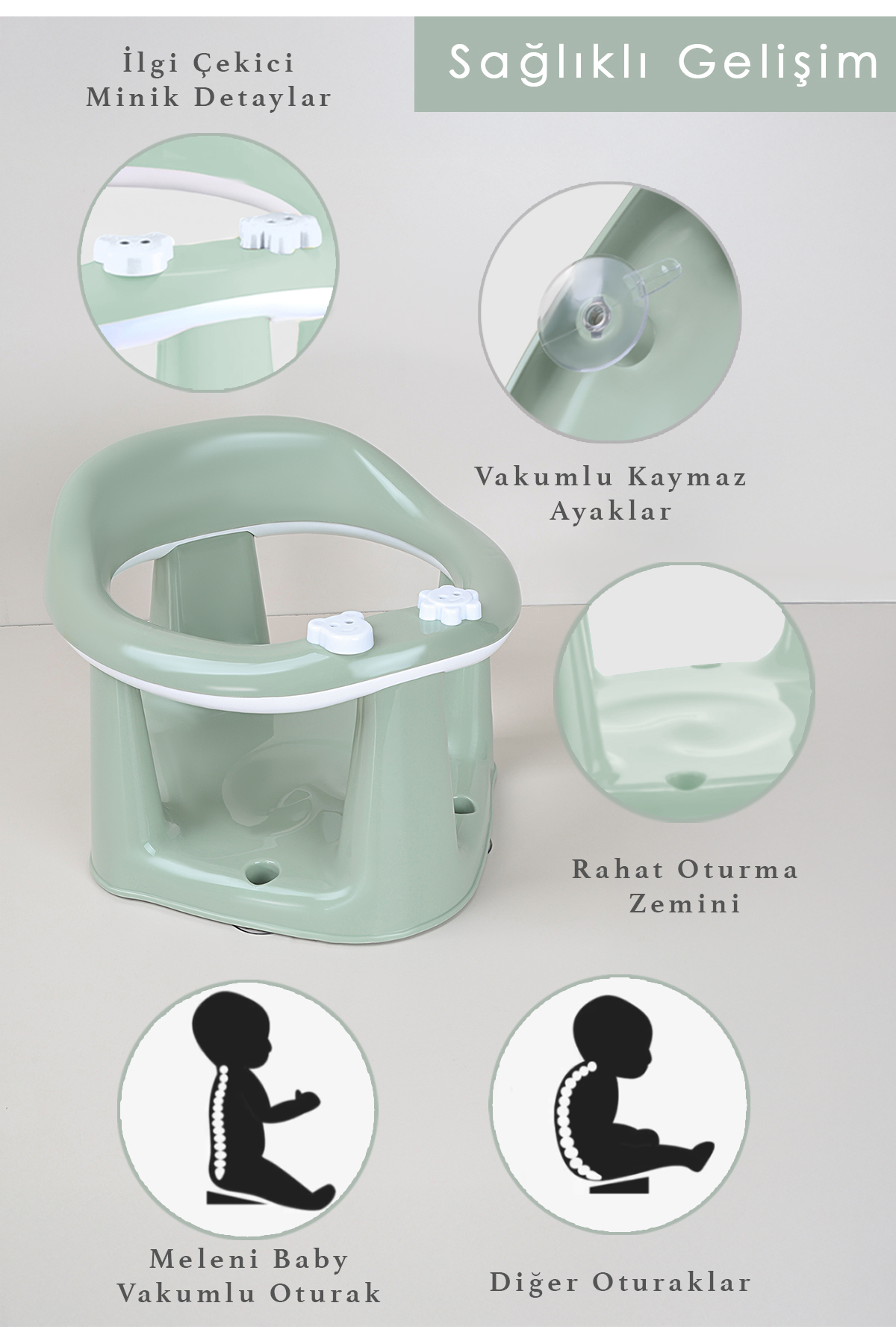 Meleni Baby 2'li Bebek Banyo Oturağı Ve Minder Seti - Vakum Taban Mama Oturağı, Yıkanabilir Oturak Minderi Yeşil fotoğrafı 3 (önizleme)