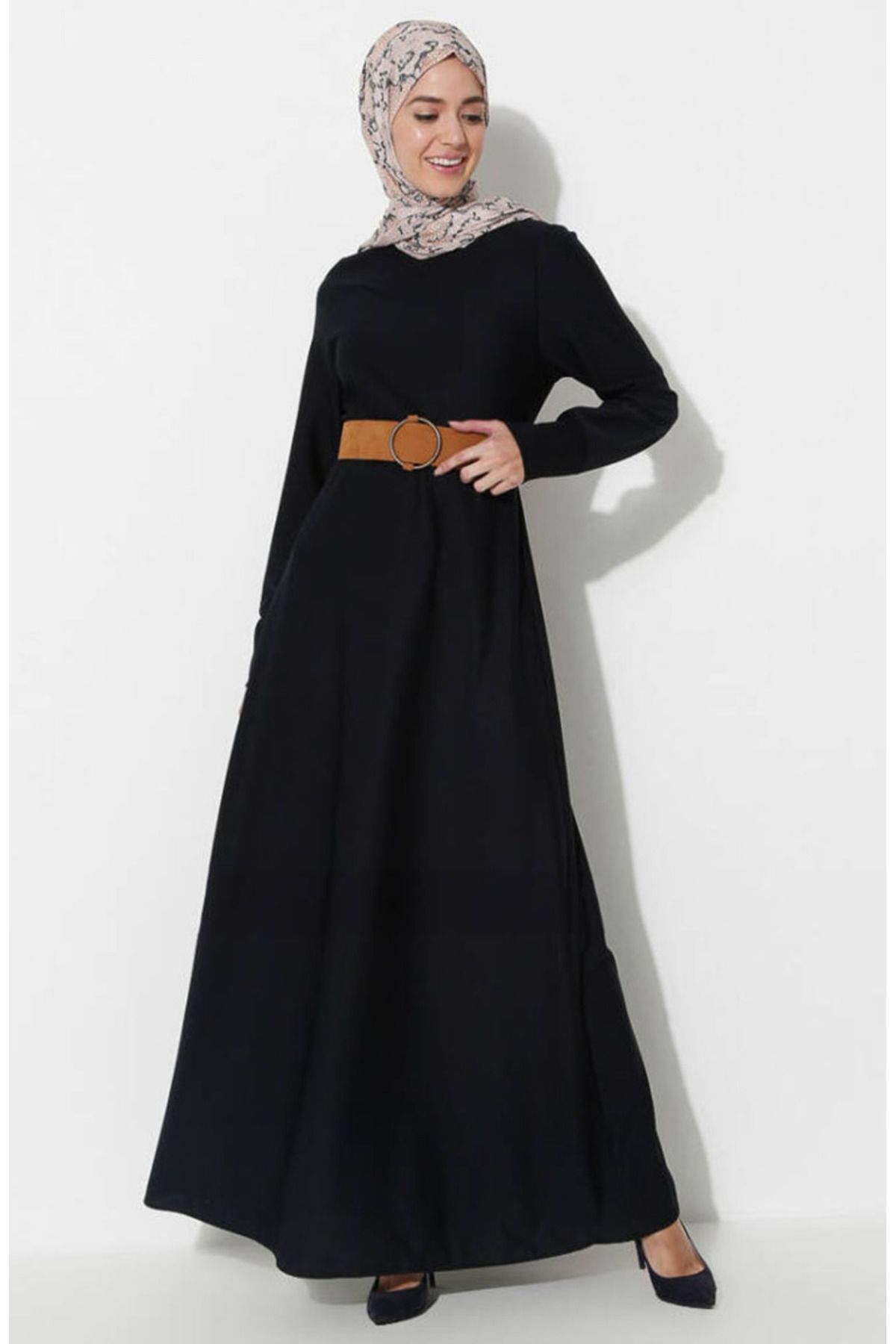 sefamerve-Rib Detail Dress with Sleeves 0581-03 Navy Blue 2