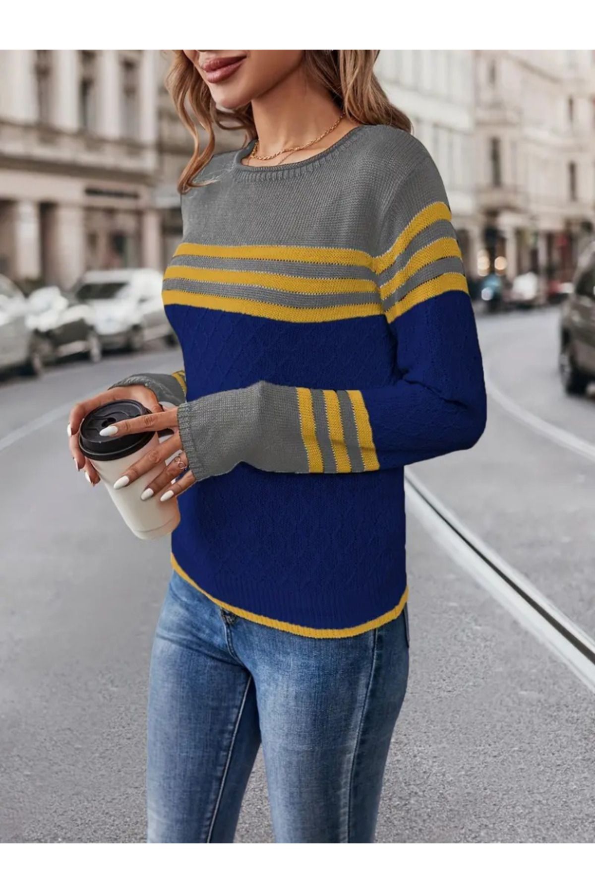 Esrabutik-Women's Long Sleeve Crew Neck Multicolor Knitwear Blouse 2