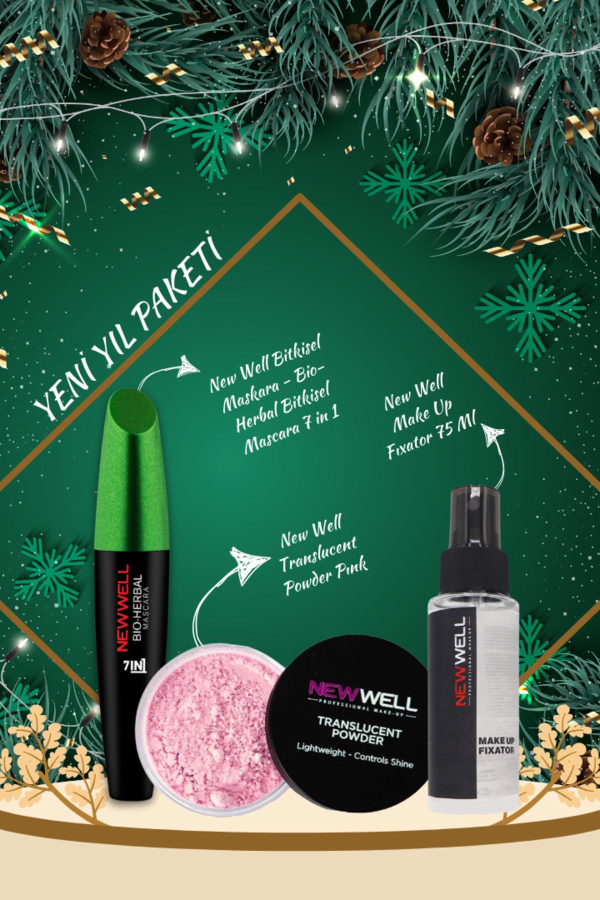 New Well Bio-Herbal Bitkisel Mascara 7 in 1 & Make Up Fıxator 75 Ml Ve Translucent Powder Pınk