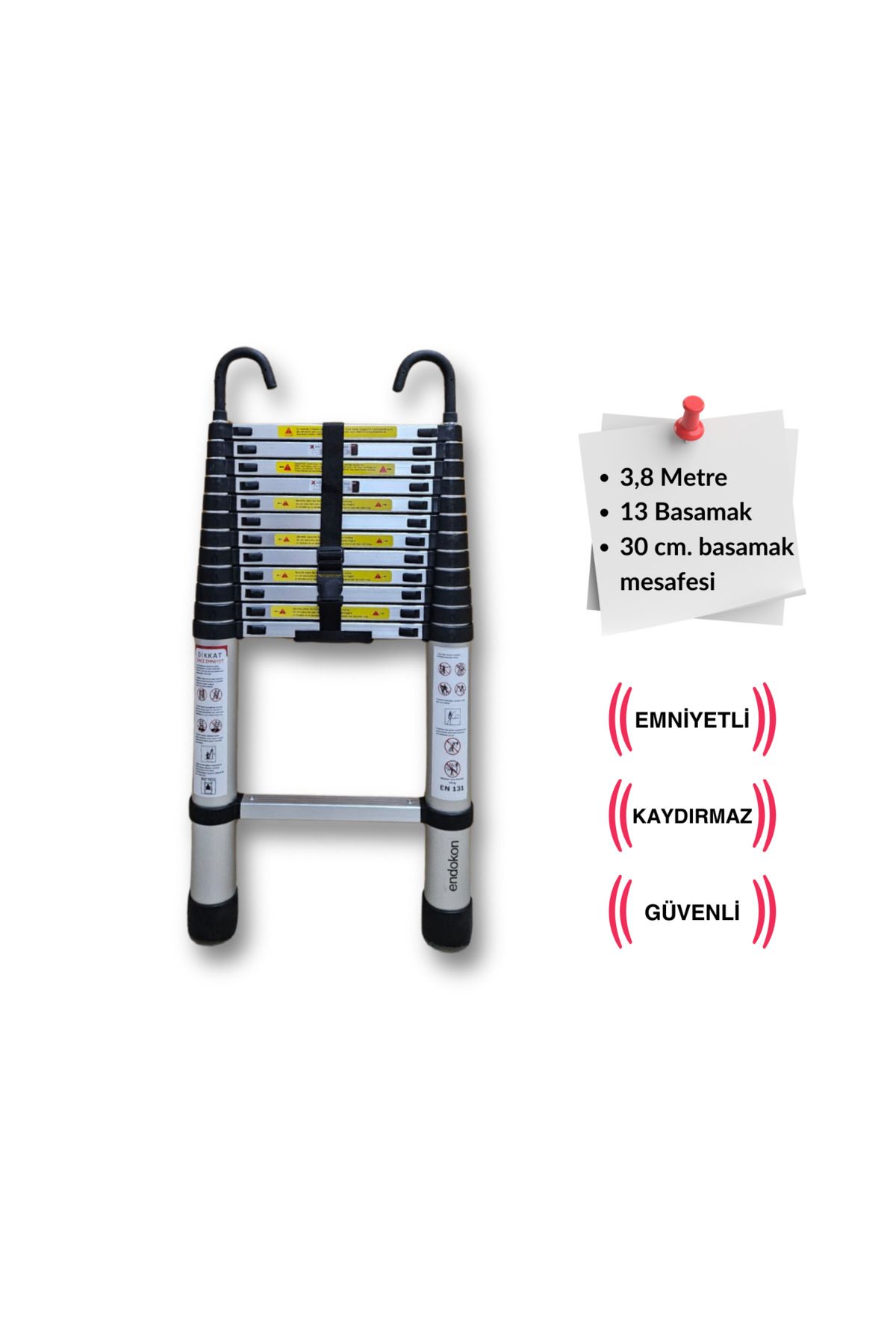 Endokon 13 Basamak - 380 Cm. Kancalı Teleskopik Alüminyum Merdiven - I Tipi Uzayan Merdiven